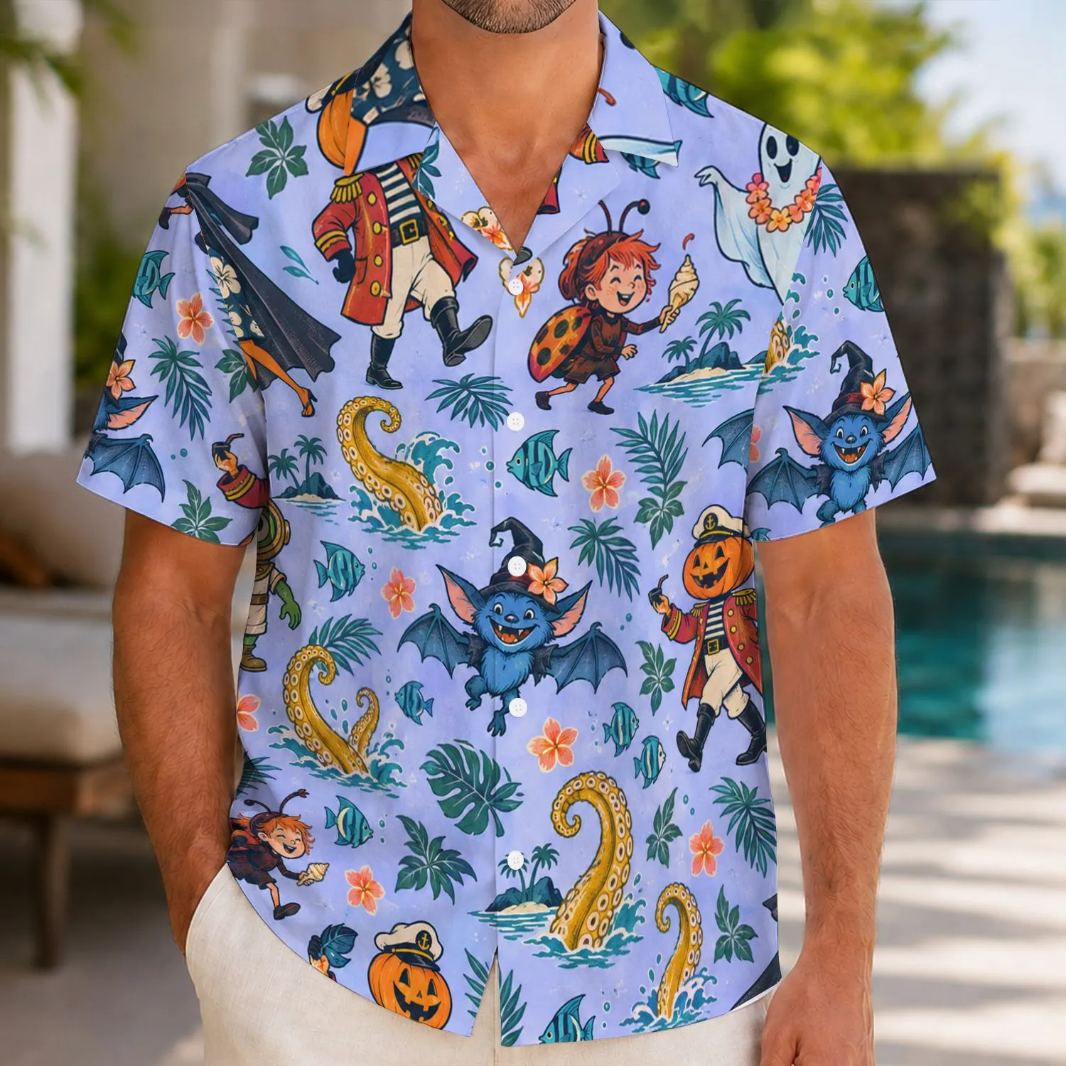 Spooky Cartoon Halloween Party Characters for Island Getaways and October Fun Hawaiian Shirt - 1