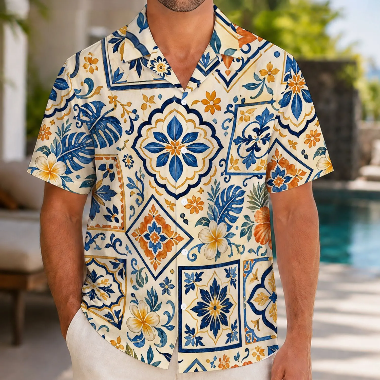 Mediterranean Tile Mosaic for Seaside Getaways and Resort Days, Men's Coastal Style Hawaiian Shirt - 1