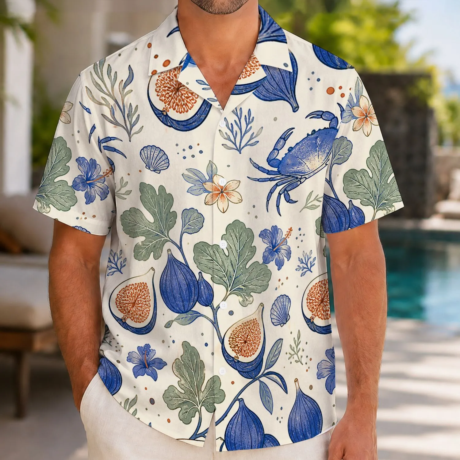 Blue Crab and Fig Motifs for Coastal Resort Evenings, Island Getaways, and Vacations Hawaiian Shirt - 1