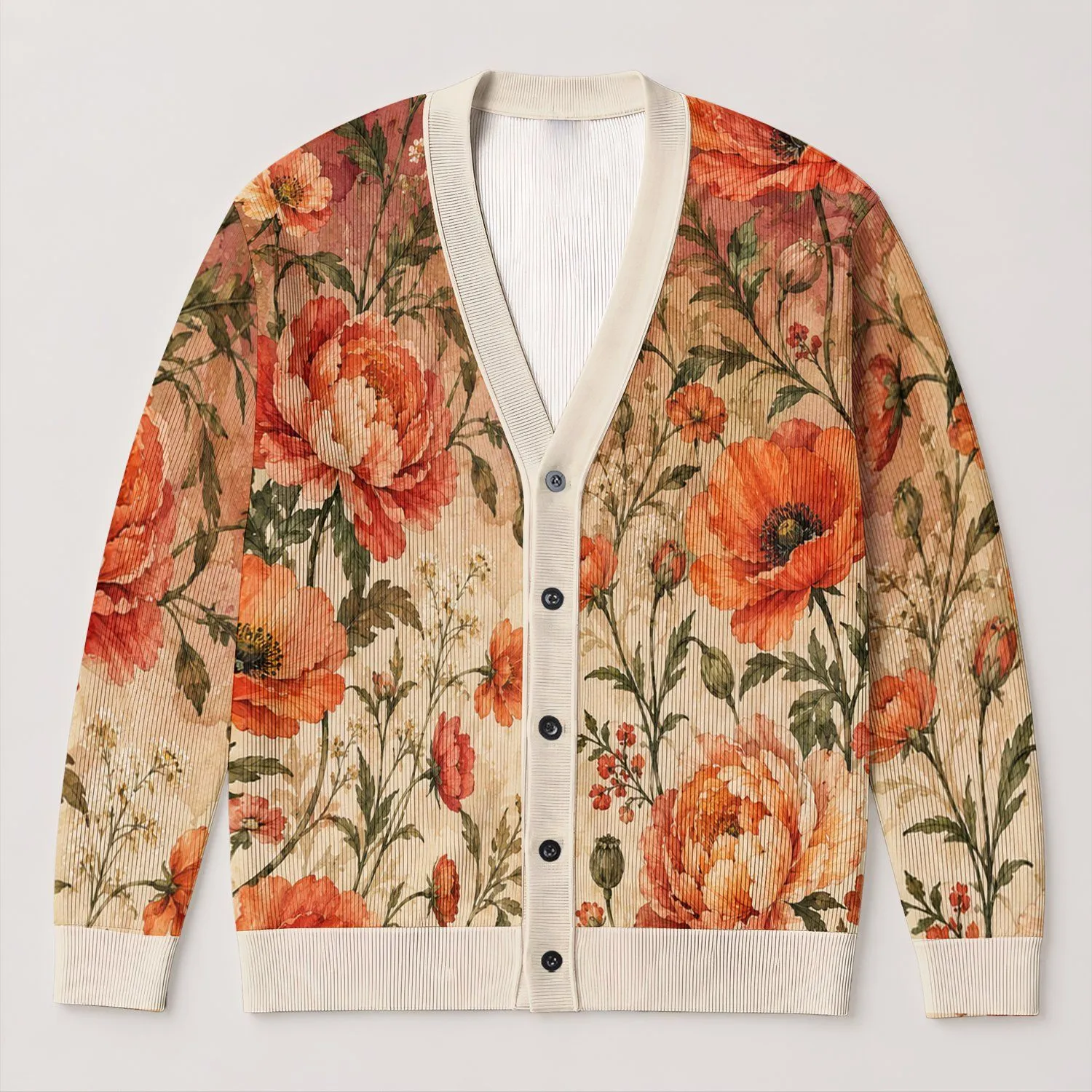Vintage Watercolor Orange Wildflowers for Cozy Autumn Layering and Everyday Bohemian Style All-over Print Knitted Cardigan - 1