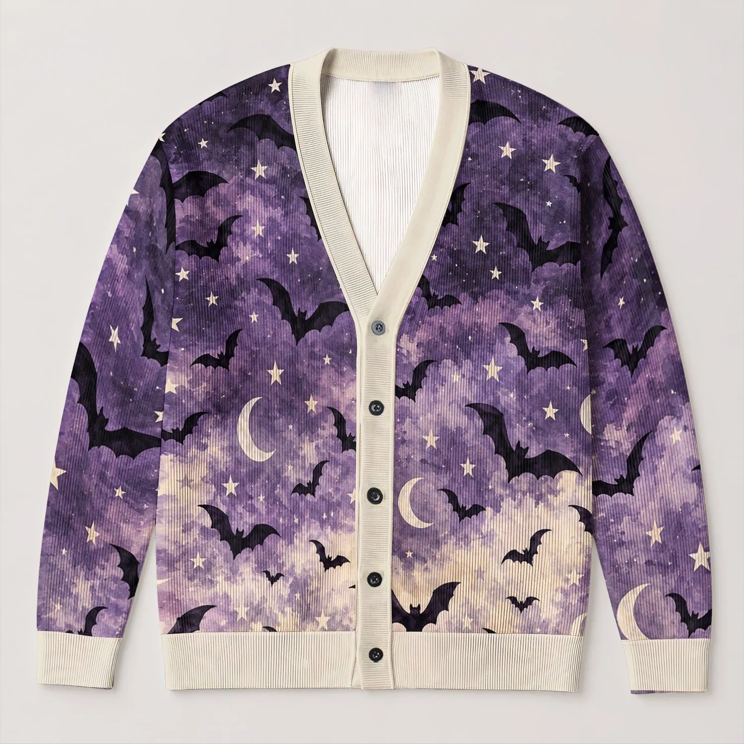 Purple Bat Moon Night Sky for Halloween Parties and Cozy Autumn Outings and Gifts for Women All-over Print Knitted Cardigan - 1