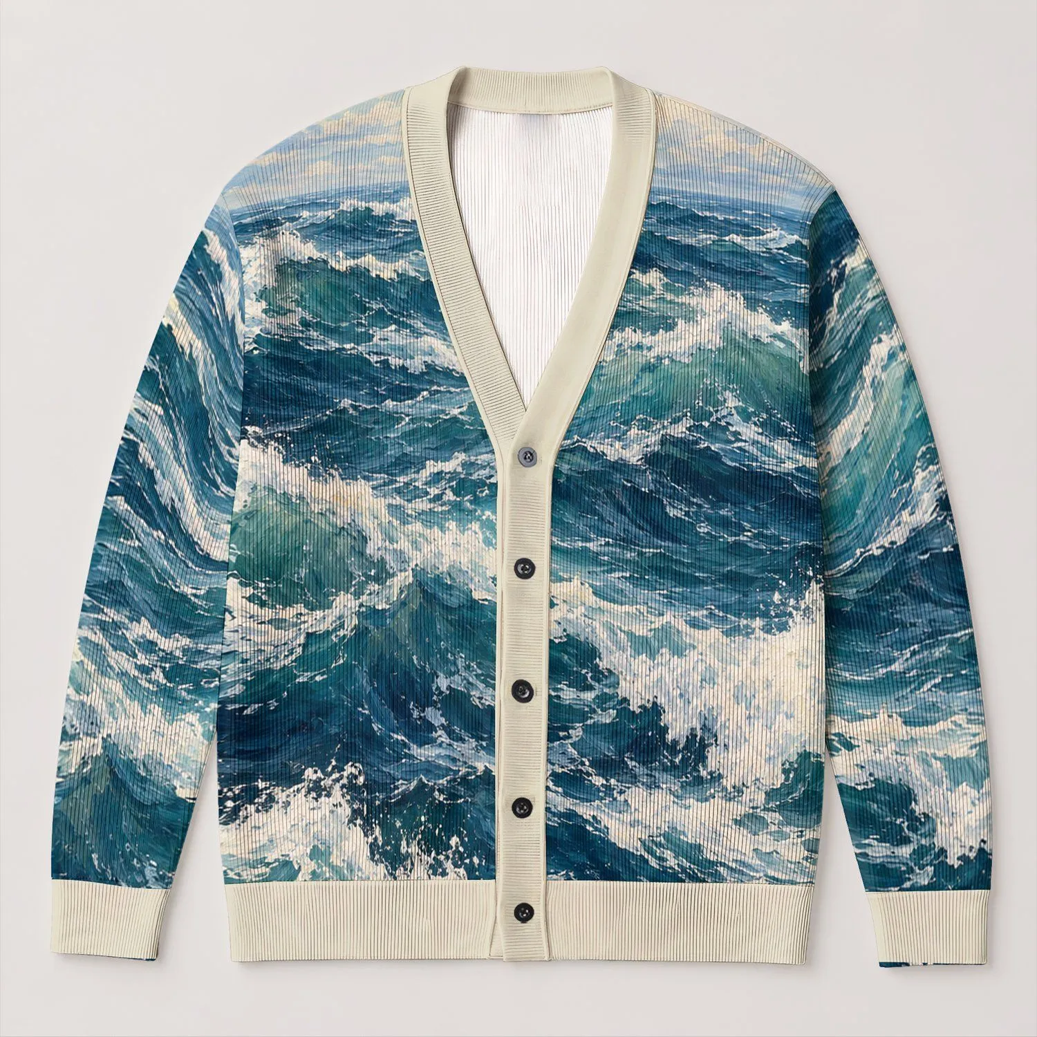 Roiling Ocean Waves for Coastal Getaways and Relaxed Everyday Seaside Layering All-over Print Knitted Cardigan - 1
