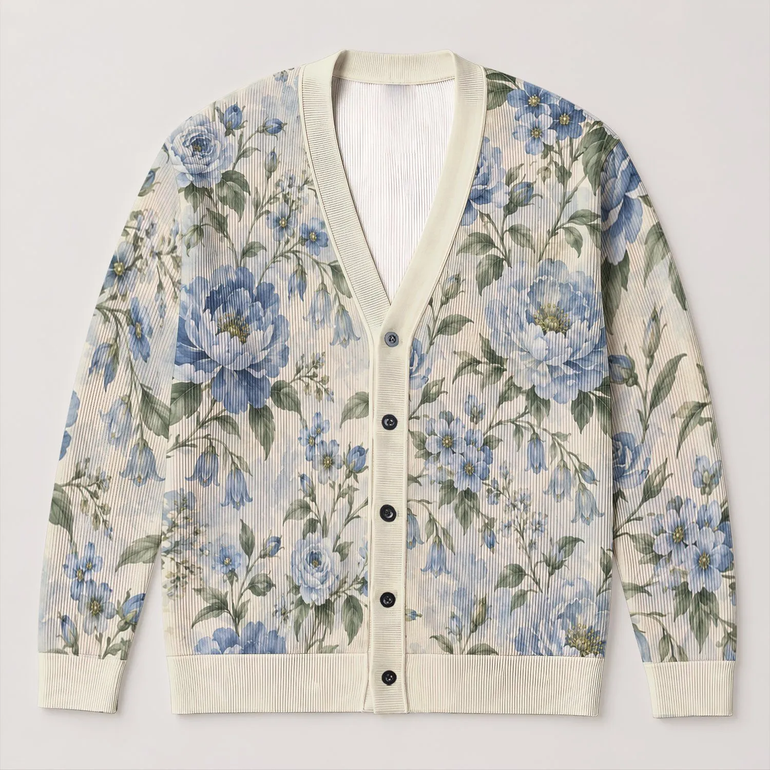 Blue Watercolor Roses for Cozy Autumn Layering and Everyday Botanical Style for Women All-over Print Knitted Cardigan - 1