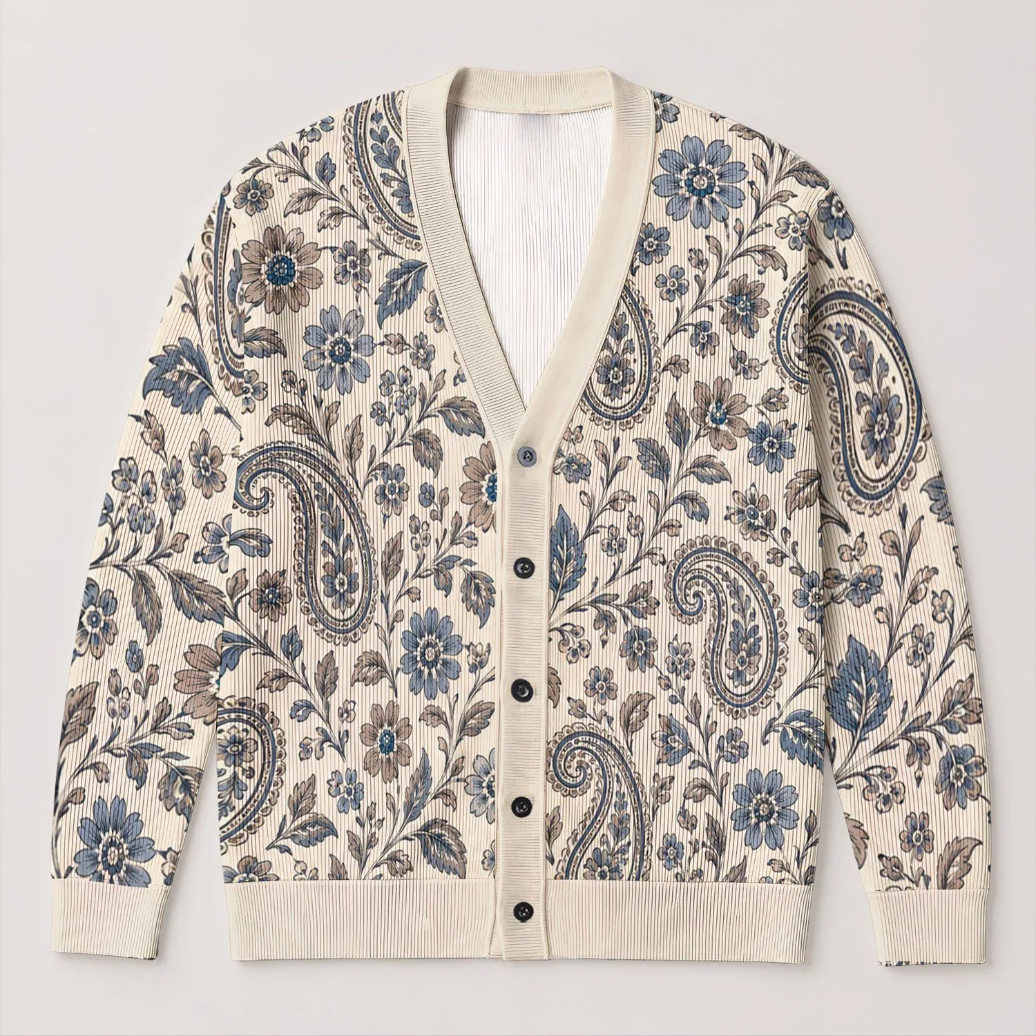 Vintage Blue Paisley And Floral Motifs For Graceful Autumn Everyday Style All-over Print Knitted Cardigan - 1