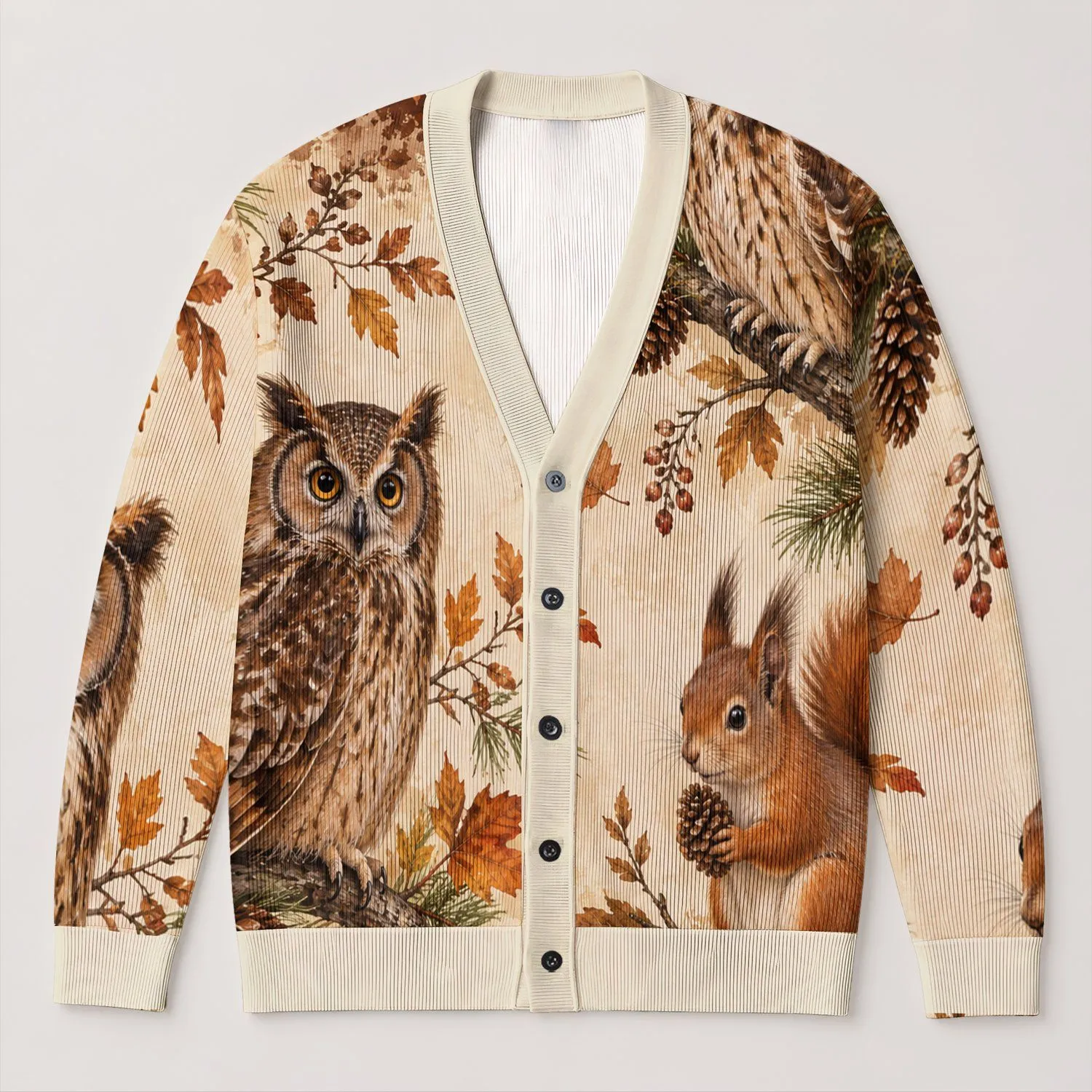 Autumn Owls and Squirrel Woodland Scene for Thanksgiving Nature Lovers All-over Print Knitted Cardigan - 1