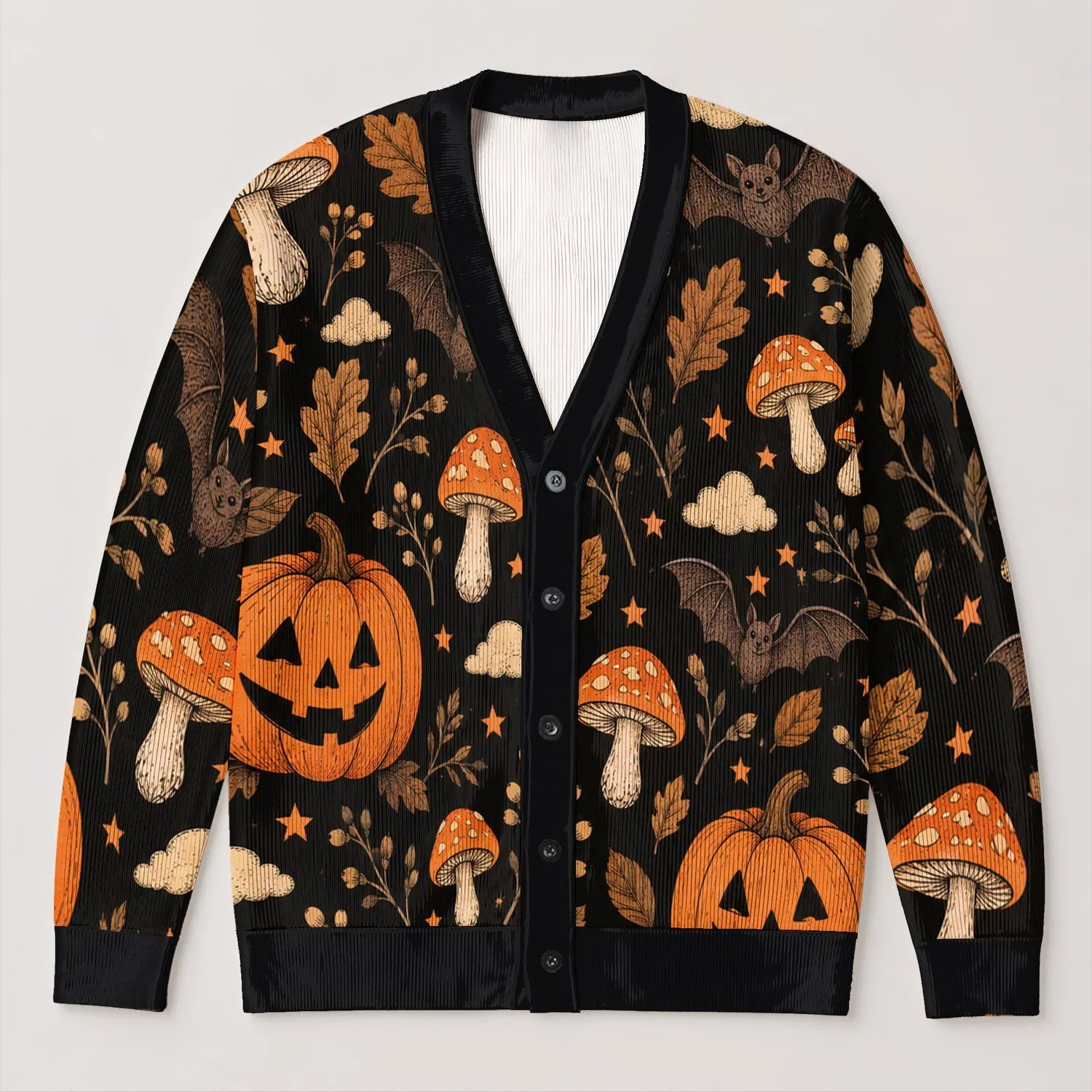Halloween Pumpkins, Bats and Mushrooms for Spooky Autumn Celebrations and Cozy Fall Nights All-over Print Knitted Cardigan - 1