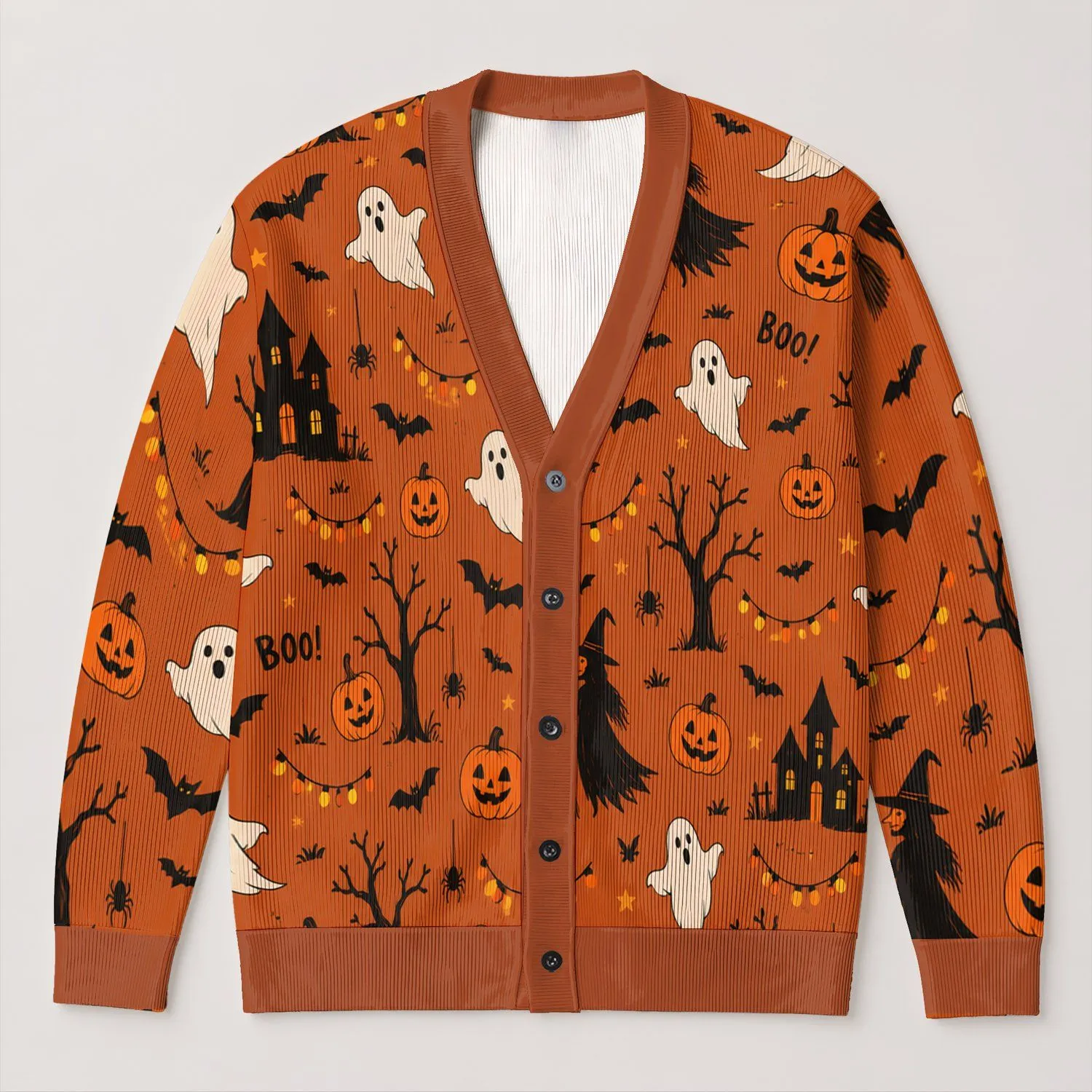 Halloween Ghosts, Bats And Pumpkins For Spooky Autumn Celebrations And Costume Season All-over Print Knitted Cardigan - 1