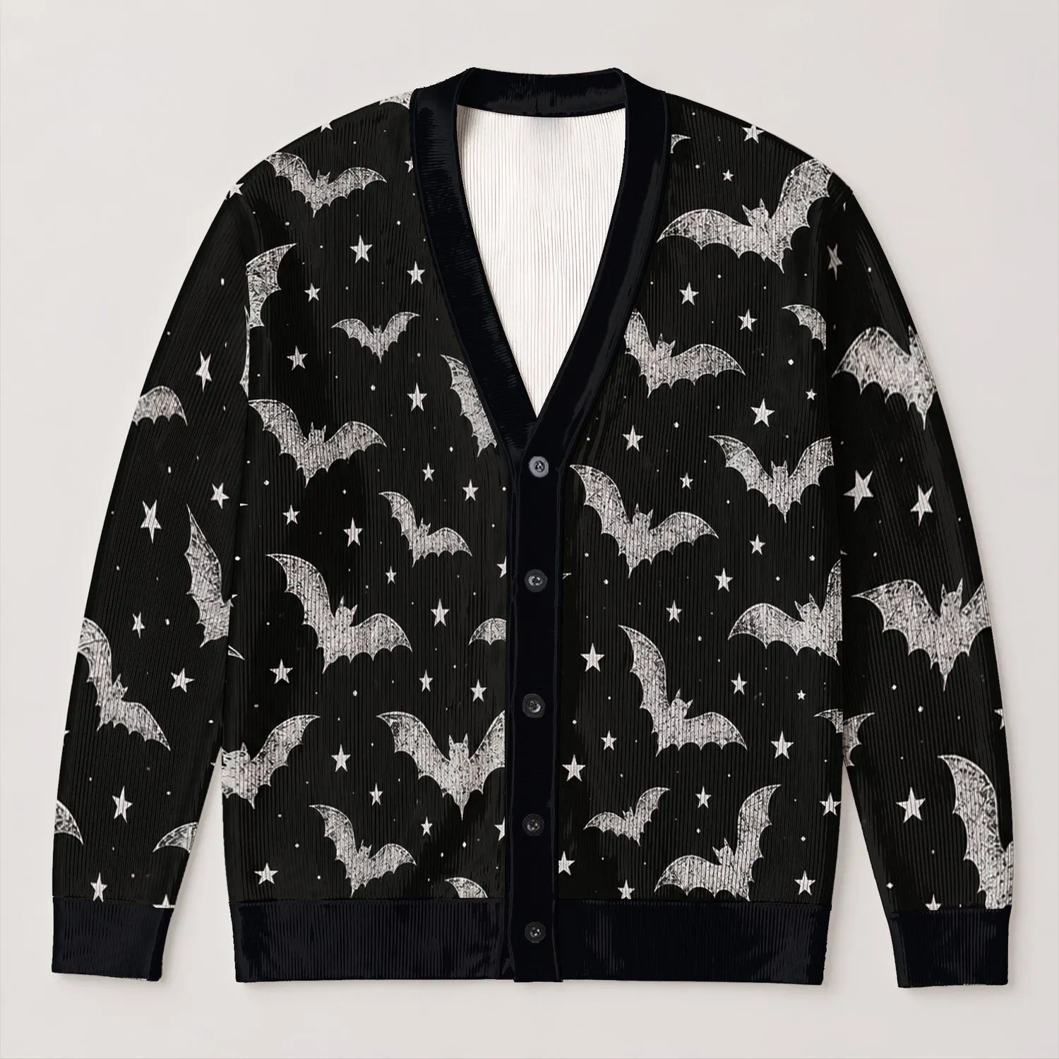 Silver Bats and Stars for Spooky Autumn Evenings, Everyday Gothic Style for Women All-over Print Knitted Cardigan - 1