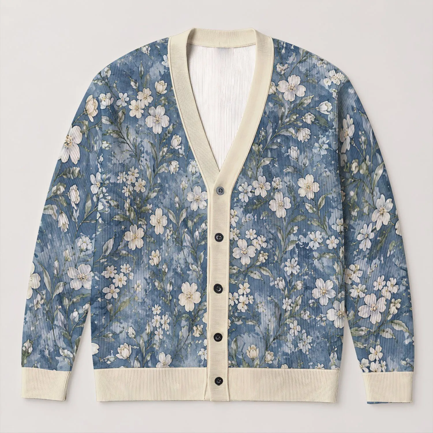 Vintage Blue And Ivory Wildflowers For Cozy Fall Layering And Everyday Wear All-over Print Knitted Cardigan - 1
