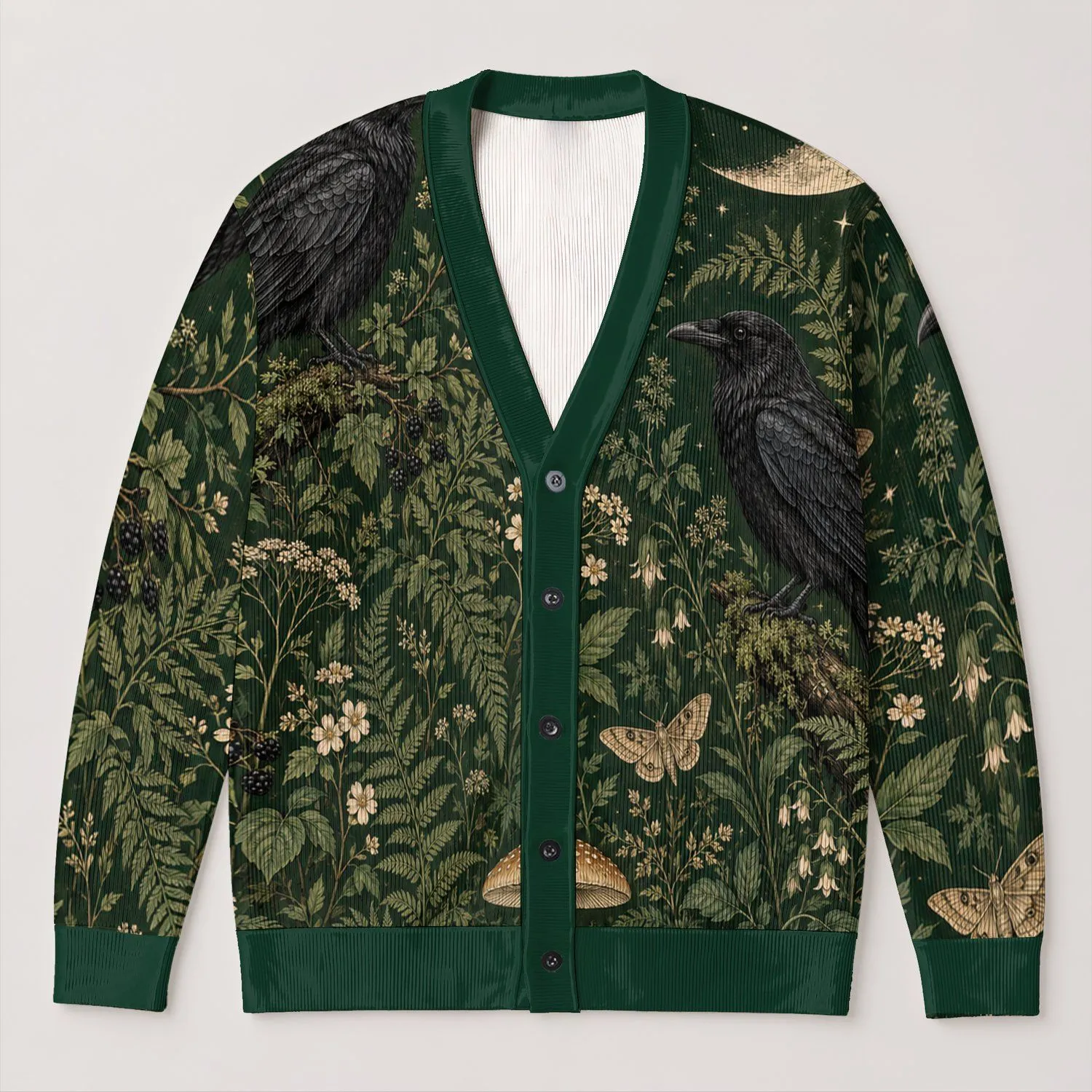 Ravens, Crescent Moon And Forest Mushrooms For Moody Woodland Layering And Nature Lovers All-over Print Knitted Cardigan - 1