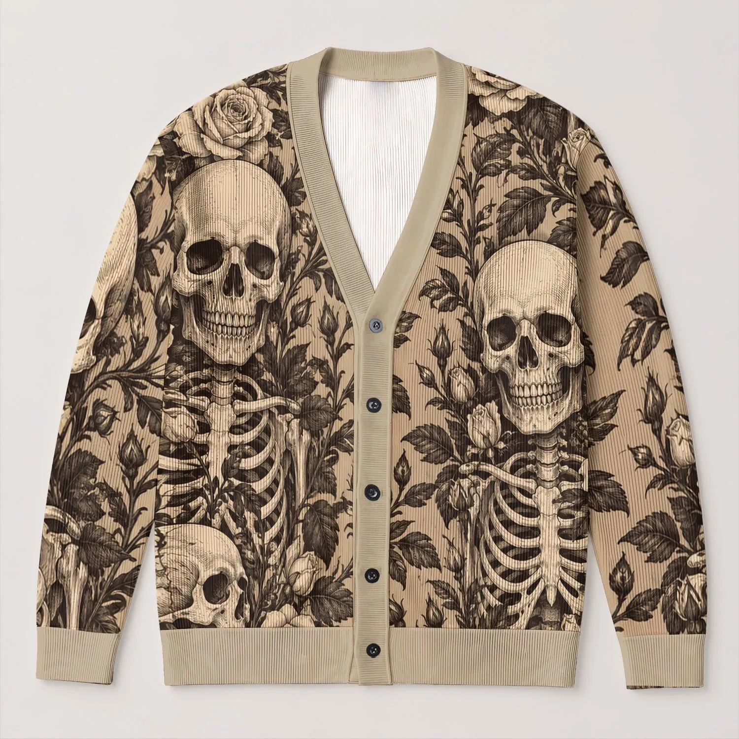 Ivory Skull and Rose Motifs for Halloween Nights, Autumn Outings and Gothic Style All-over Print Knitted Cardigan - 1