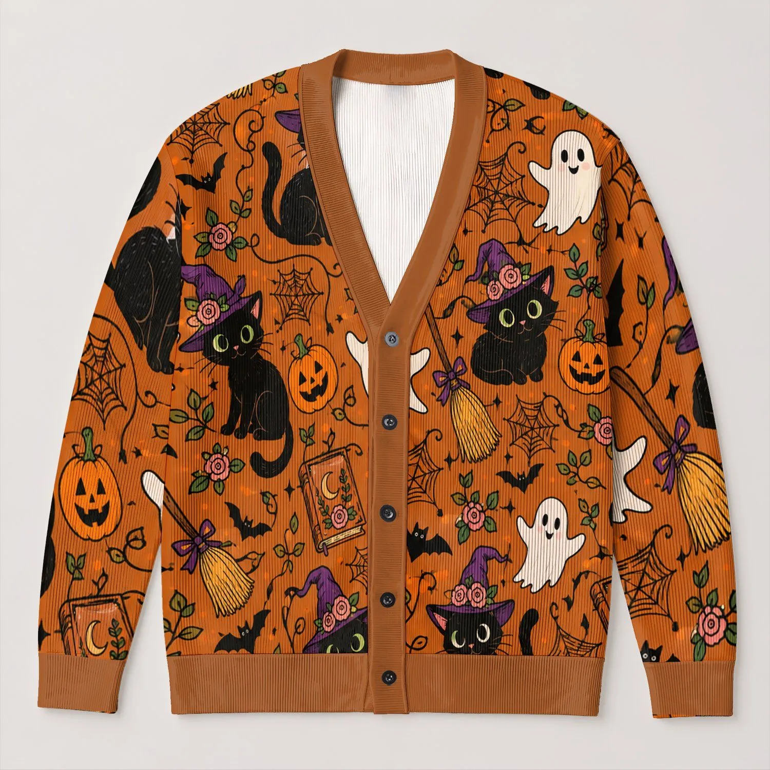 Cute Halloween Cats, Ghosts & Bats for Cozy Autumn Nights and Festive Seasonal Wear All-over Print Knitted Cardigan - 1
