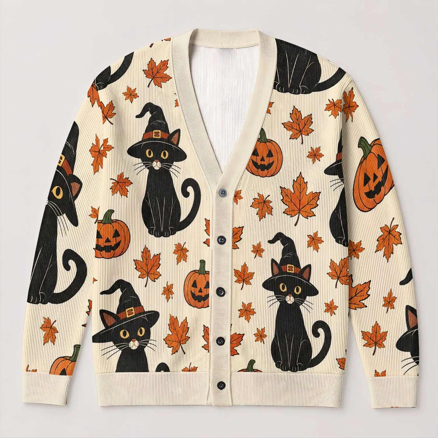 Witch Hat Black Cats, Pumpkins And Maple Leaves For Halloween Fall Gatherings All-over Print Knitted Cardigan - 1