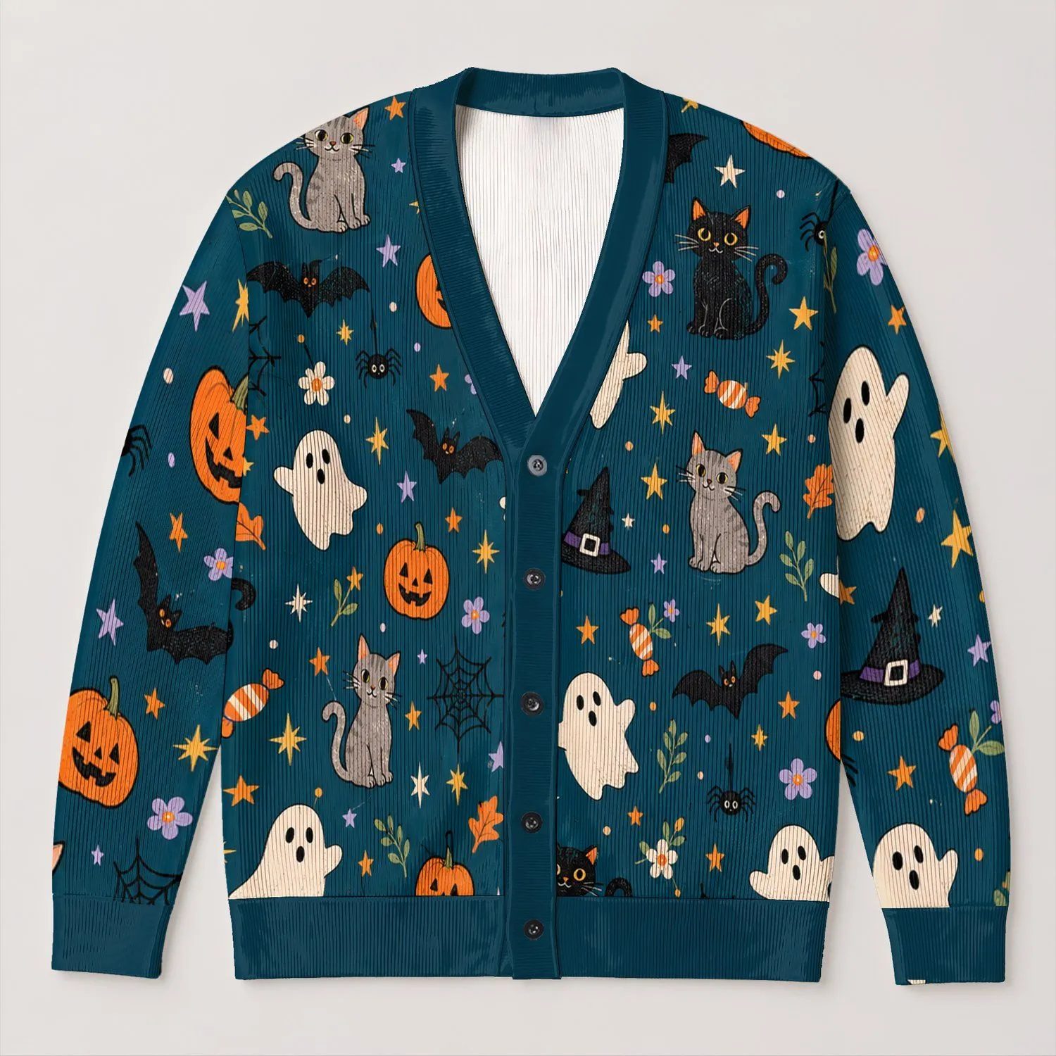Ghosts Cats Pumpkins And Bats For Cozy Halloween Season Layering All-over Print Knitted Cardigan - 1