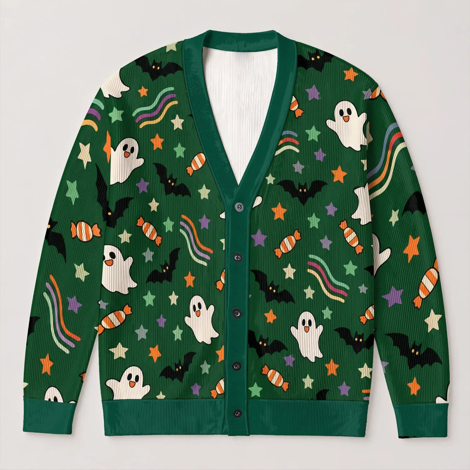 Halloween Ghost Bat Candy Stars for Cozy October Celebrations and Festive Layering All-over Print Knitted Cardigan - 1