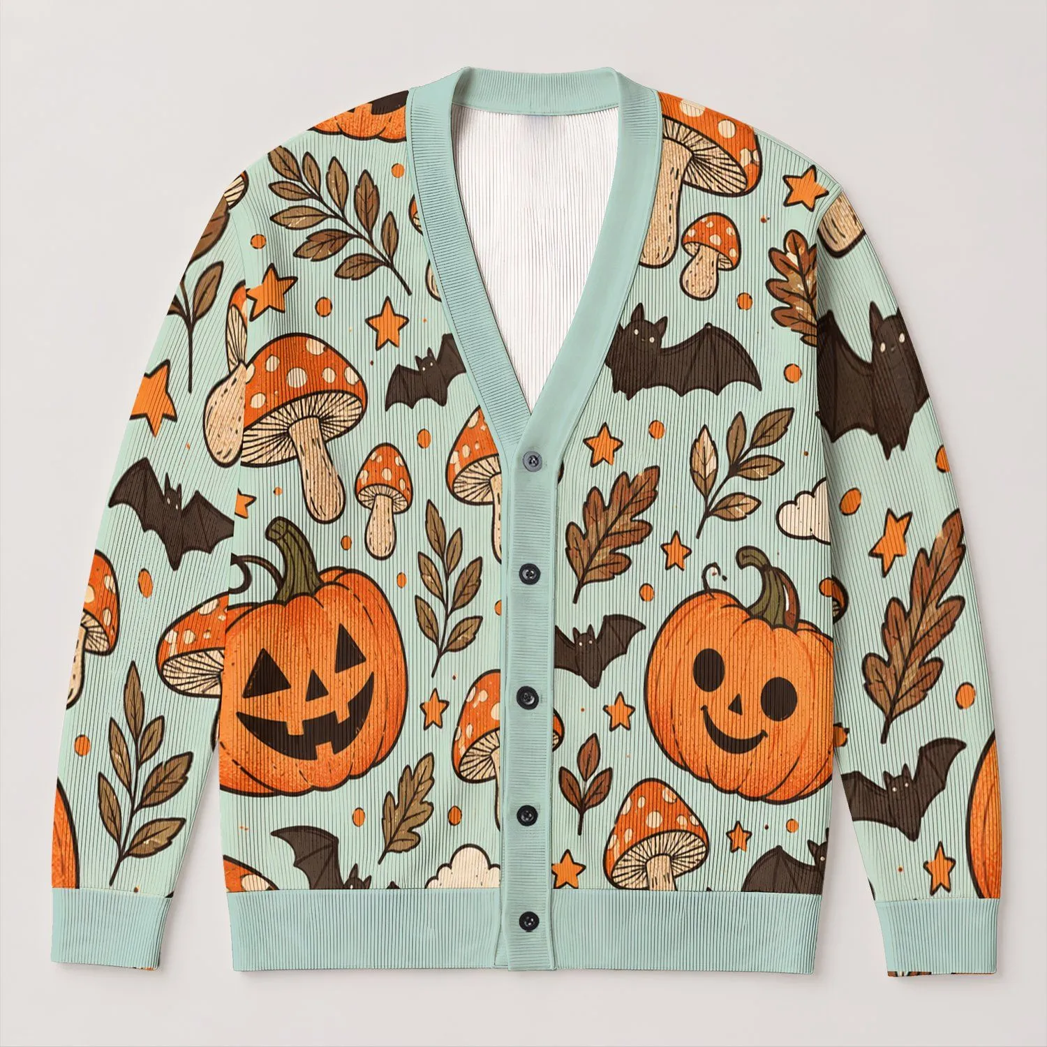 Whimsical Pumpkins, Bats & Toadstools for Cozy Halloween Layering and Autumn Days All-over Print Knitted Cardigan - 1