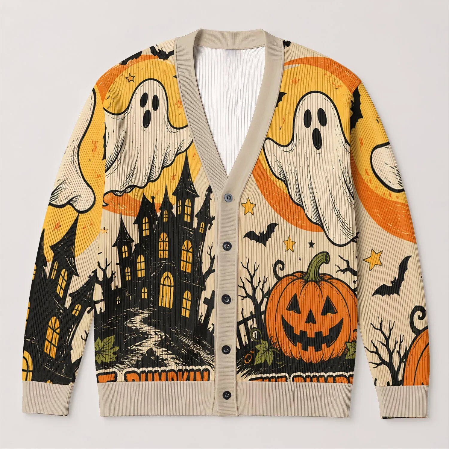 Pumpkin Ghost Halloween Scenes for Cozy Autumn Nights and Spooky Seasonal Style All-over Print Knitted Cardigan - 1