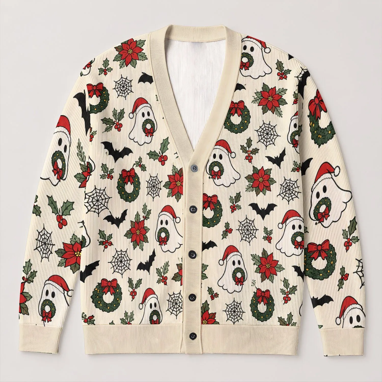 Ghosts, Bats and Poinsettias for a Playful Holiday Season Look All-over Print Knitted Cardigan - 1