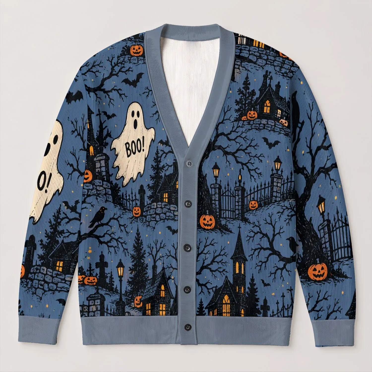 Haunted Village Ghosts And Pumpkins For Cozy Halloween Nights And Autumn Wear All-over Print Knitted Cardigan - 1