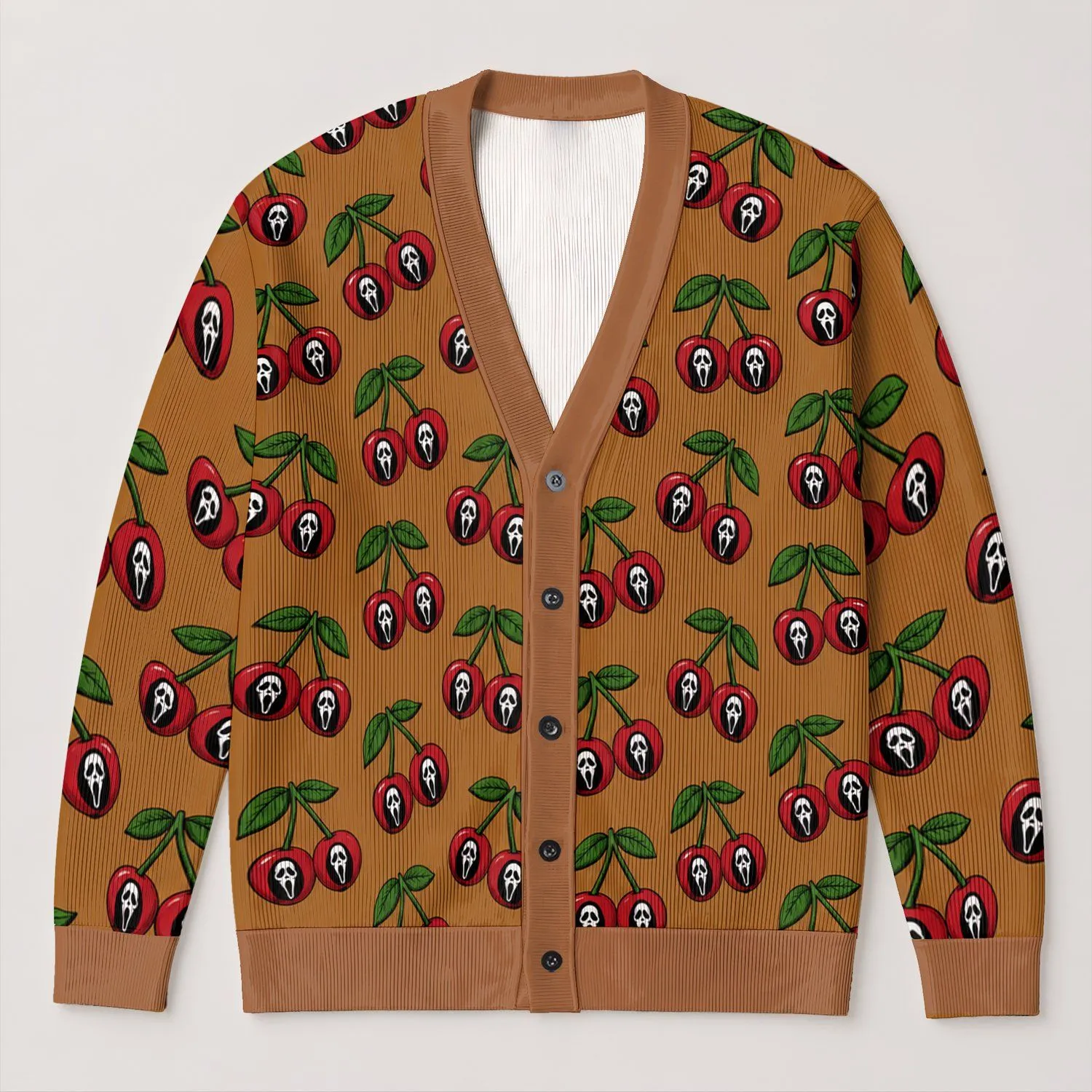 Scream Face Cherry Motifs for Spooky Autumn Style and Everyday Layering All-over Print Knitted Cardigan - 1