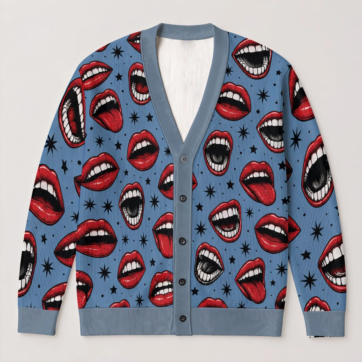 Red Lips And Midnight Stars For Bold Everyday Autumn Layering And Casual Outings All-over Print Knitted Cardigan - 1