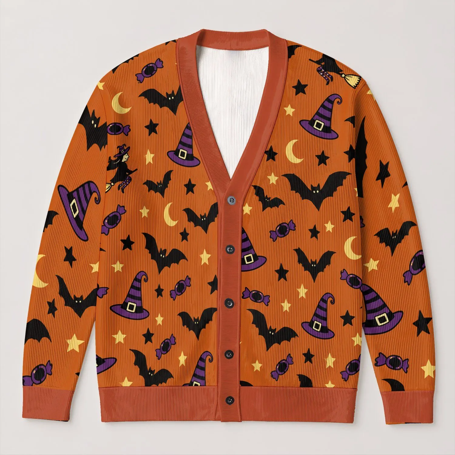 Halloween Witch Hats, Bats And Candy For Festive Autumn Celebrations And Parties All-over Print Knitted Cardigan - 1