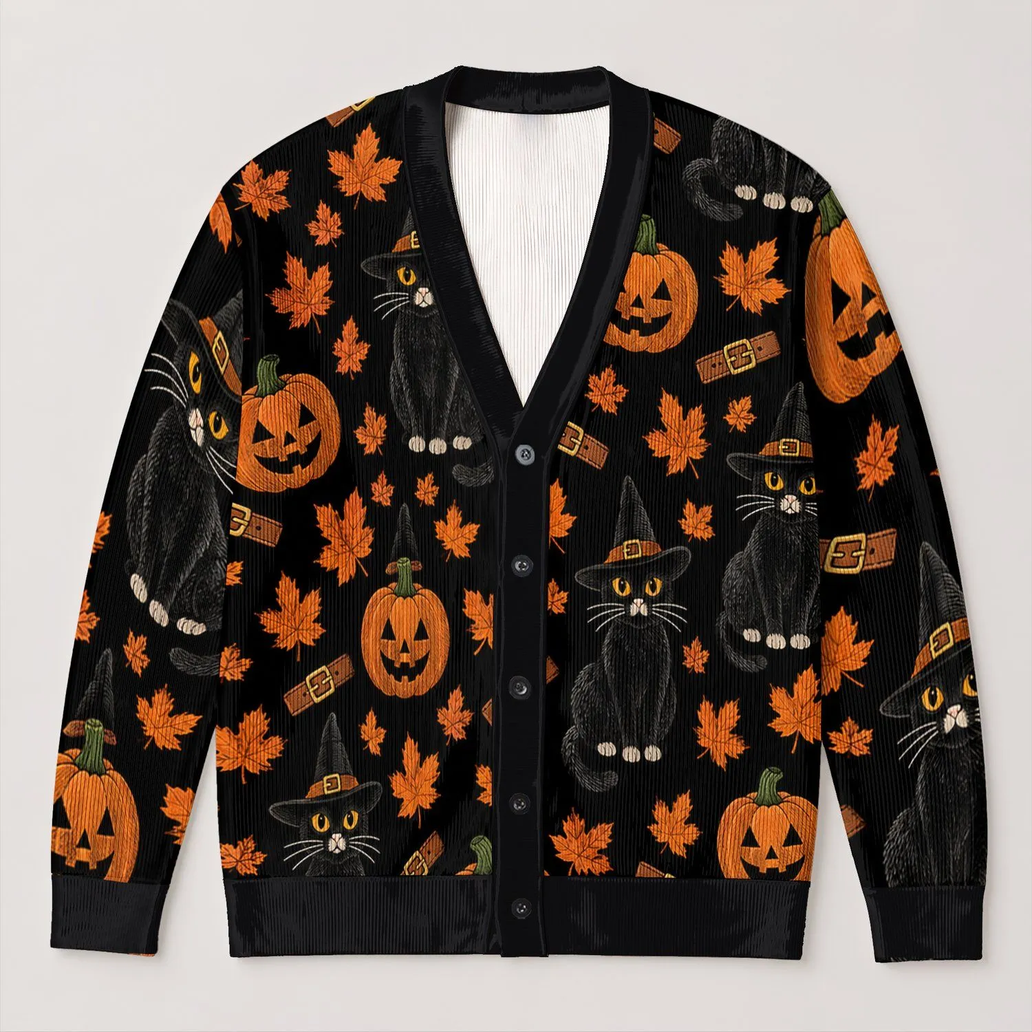 Black Cats, Pumpkins and Maple Leaves for Spooky Autumn Halloween Style All-over Print Knitted Cardigan - 1