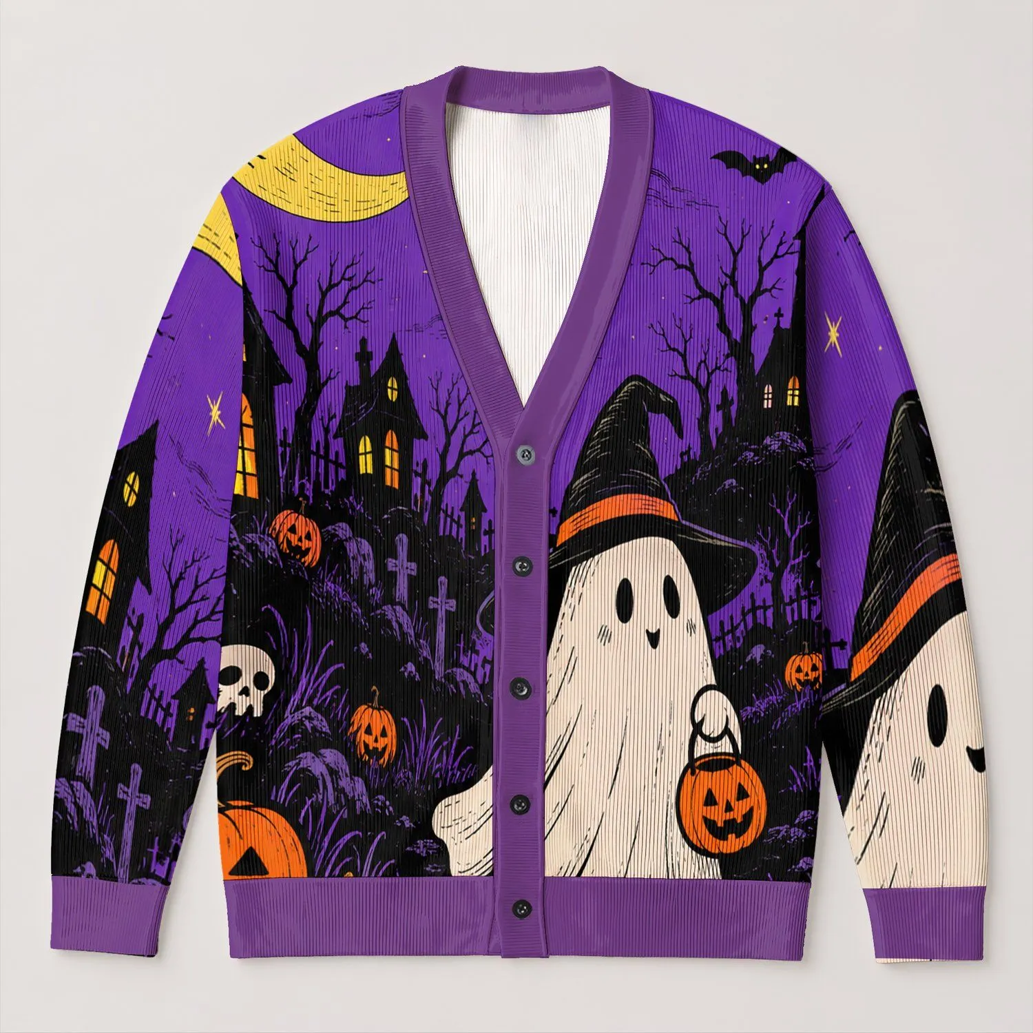 Haunted Houses, Ghost Witch And Pumpkins For Halloween Night Layering All-over Print Knitted Cardigan - 1