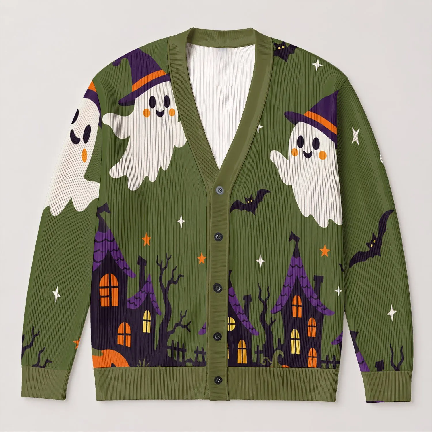 Playful Halloween Ghosts, Pumpkins and Haunted Houses for Cozy Autumn Celebrations All-over Print Knitted Cardigan - 1