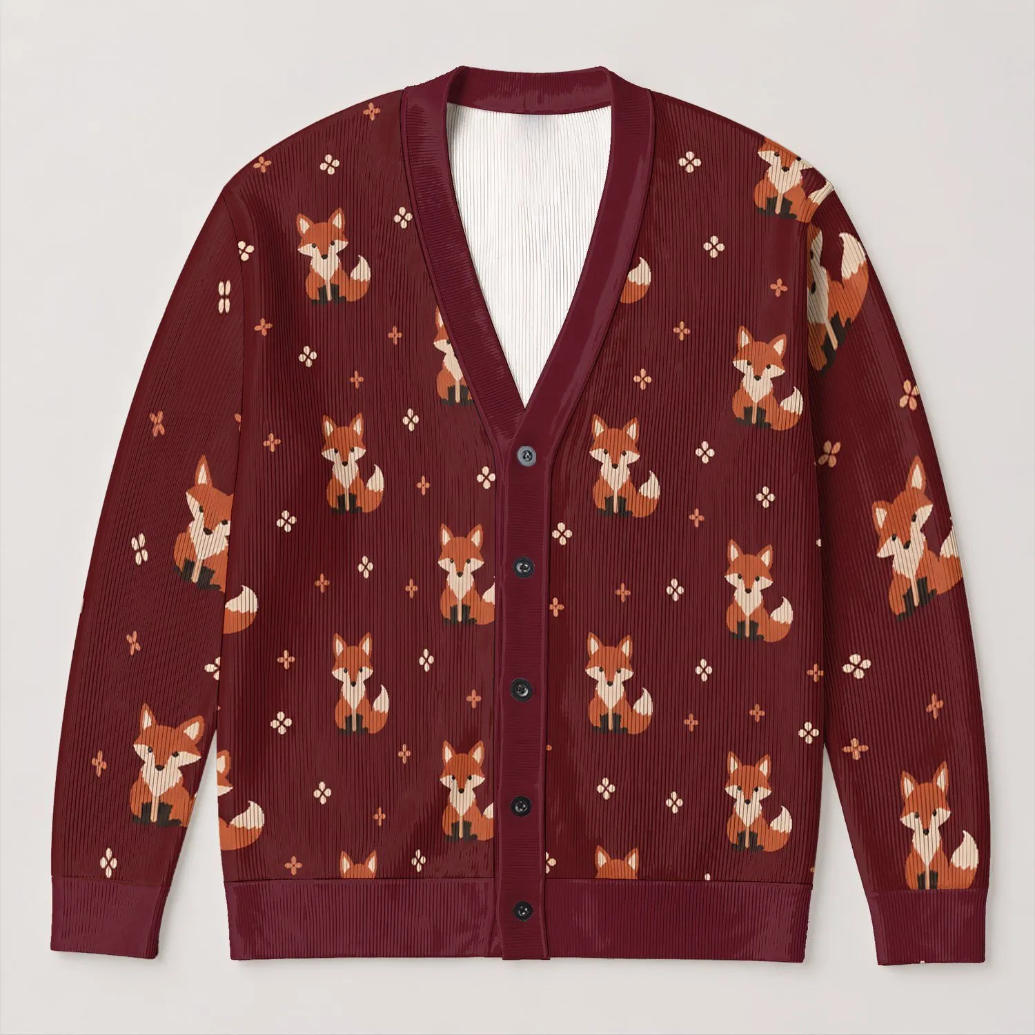 Seated Foxes and Tiny Folk Motifs for Cozy Autumn Outings and Everyday Wear All-over Print Knitted Cardigan - 1