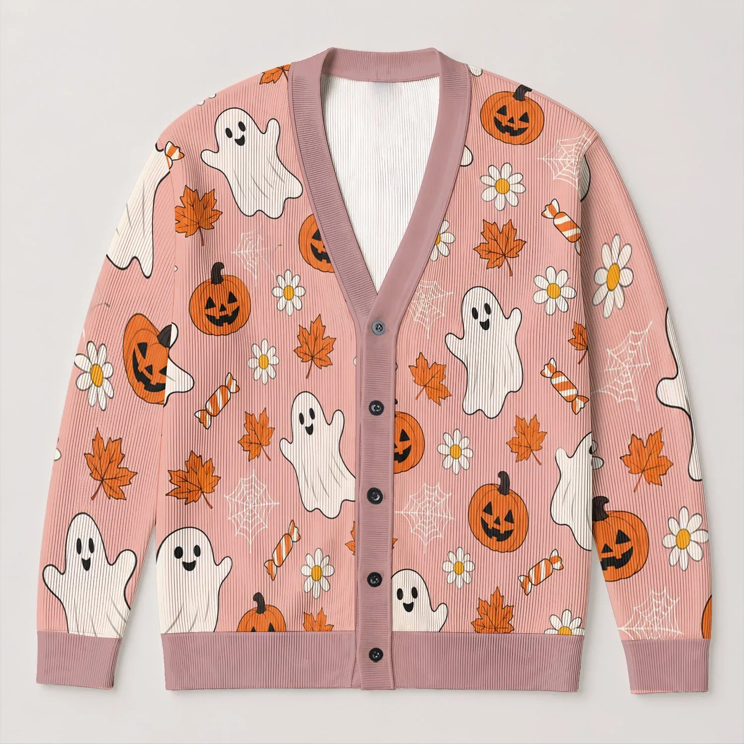 Playful Ghosts, Pumpkins And Autumn Blooms For Cozy Halloween Season Style For Women All-over Print Knitted Cardigan - 1