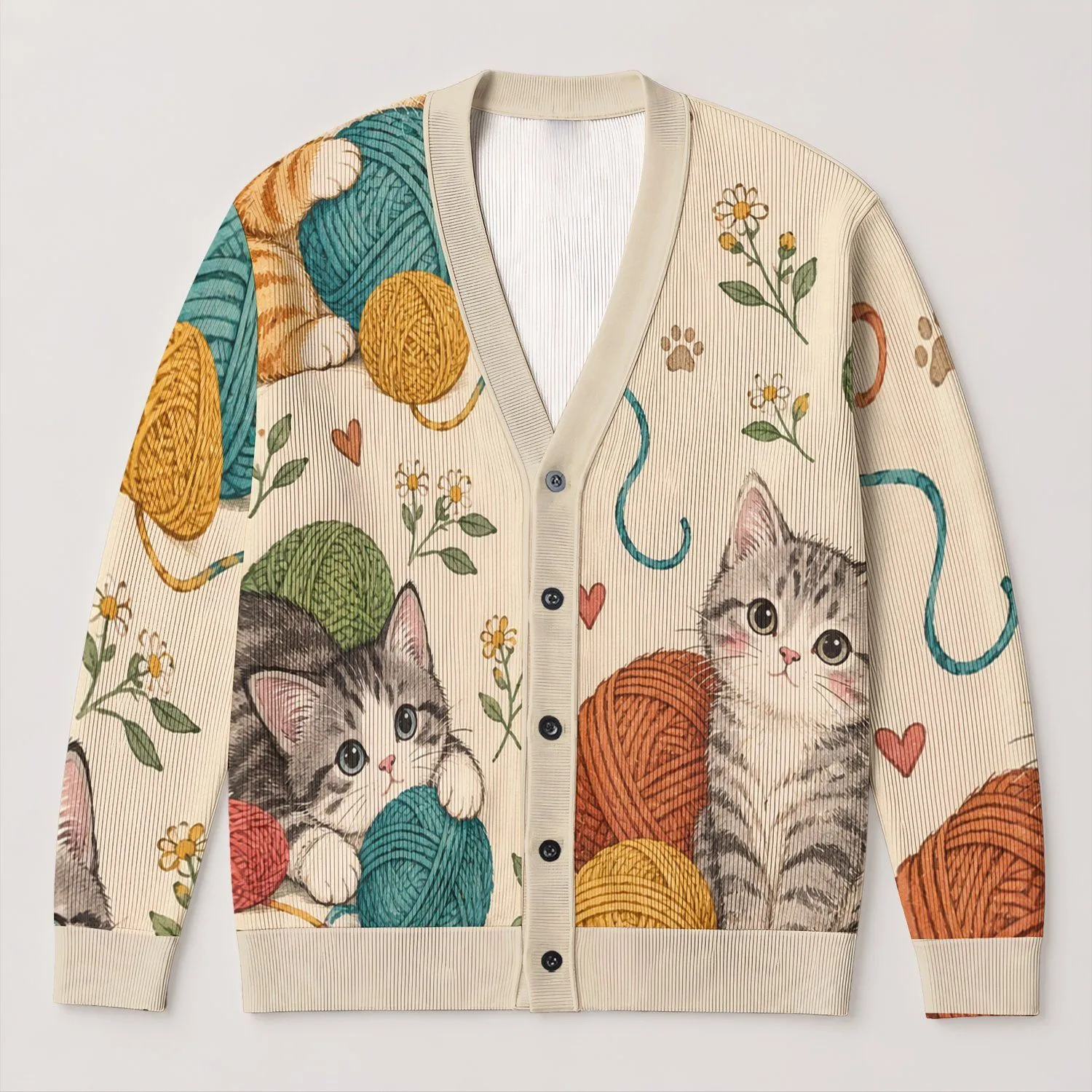 Playful Cats Tangled in Colorful Yarn for Cozy Autumn Crafting and Cat Lover Style All-over Print Knitted Cardigan - 1
