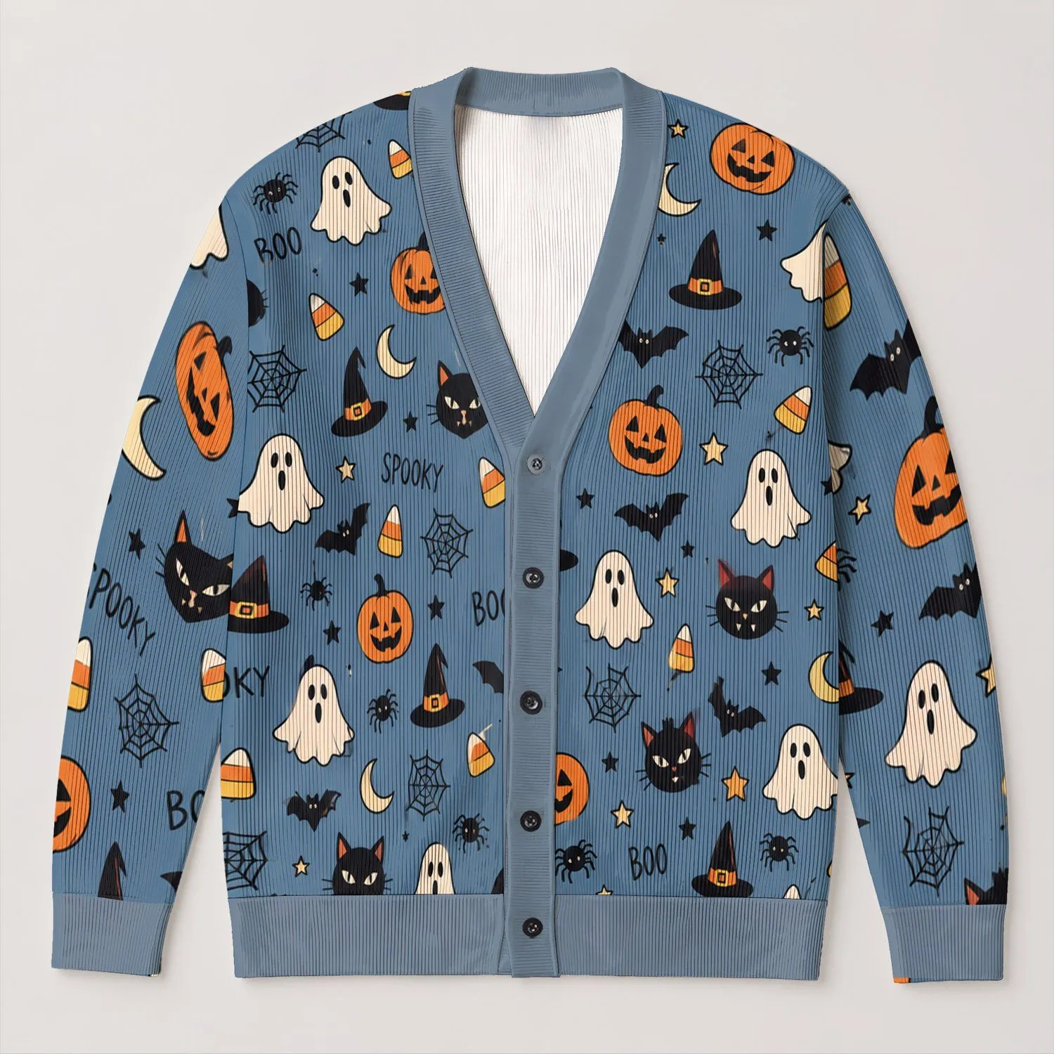 Halloween Ghosts, Black Cats and Pumpkins for Cozy Autumn Celebrations and Fall Wear All-over Print Knitted Cardigan - 1