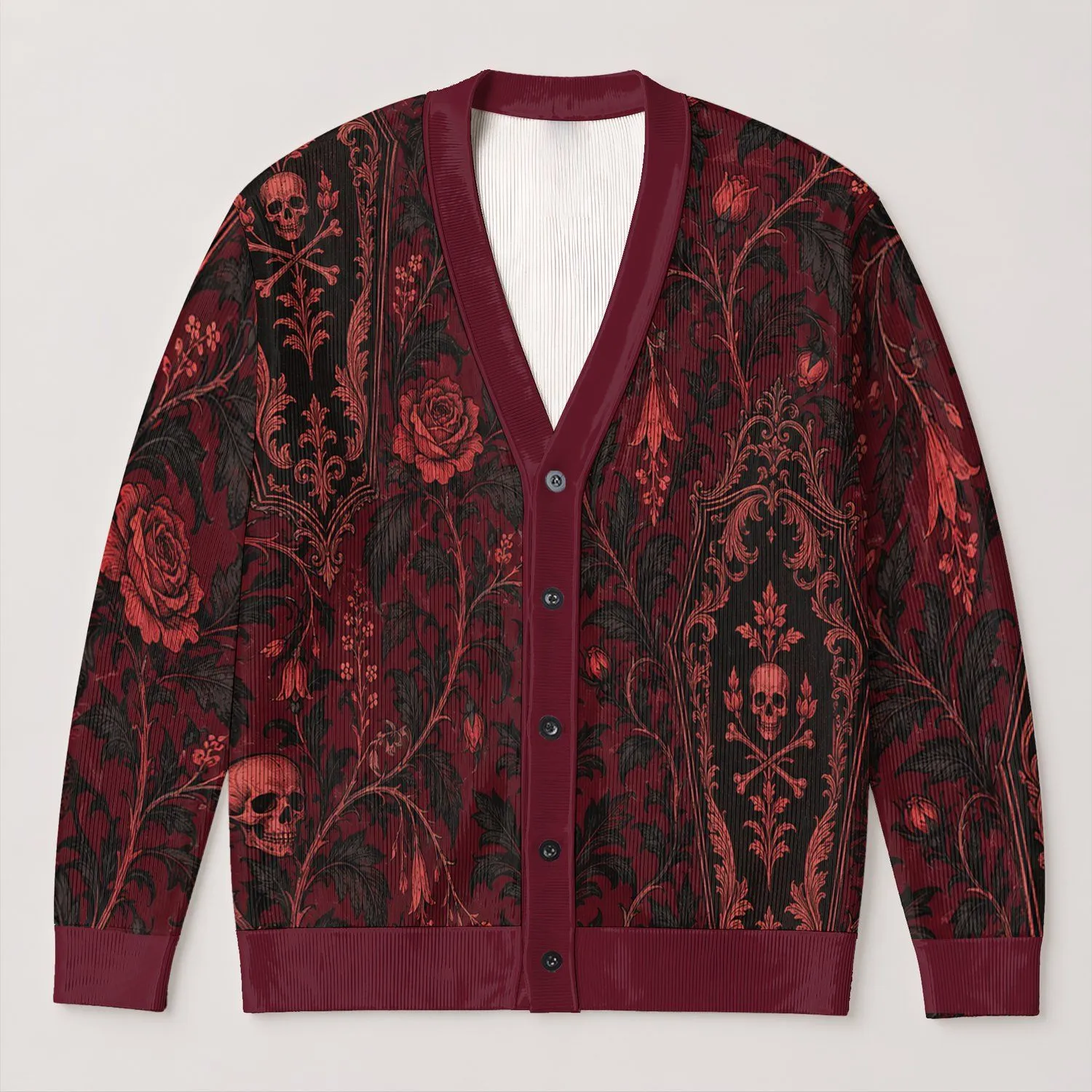 Gothic Skull And Thorned Rose Motifs For Dark Autumn Outfits All-over Print Knitted Cardigan - 1