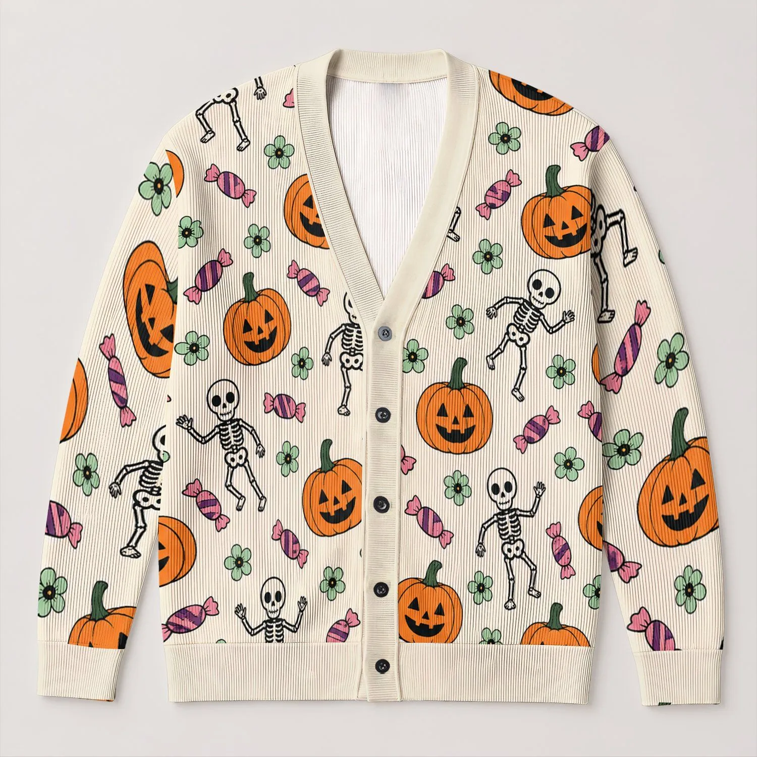 Halloween Pumpkins, Skeletons And Candy For Festive October Outings All-over Print Knitted Cardigan - 1