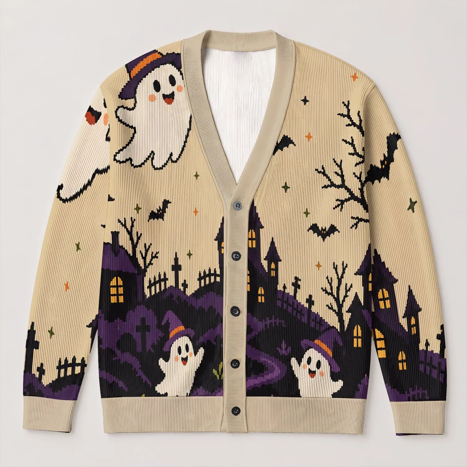 Haunted Village Ghosts and Pumpkins for Cozy Autumn Halloween Celebrations at Home All-over Print Knitted Cardigan - 1