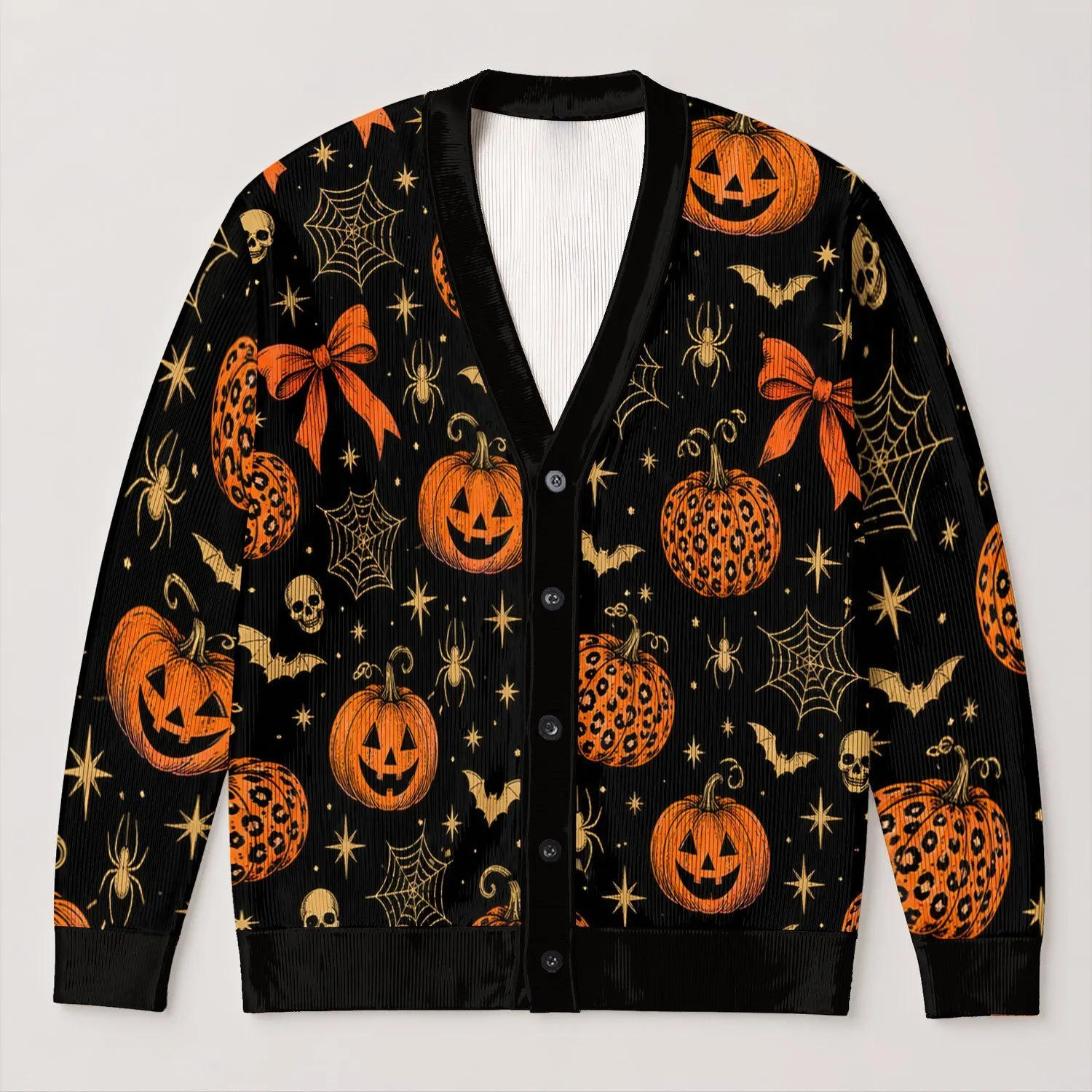 Halloween Pumpkins, Bats & Spiderwebs for Festive Autumn Celebrations and Parties All-over Print Knitted Cardigan - 1