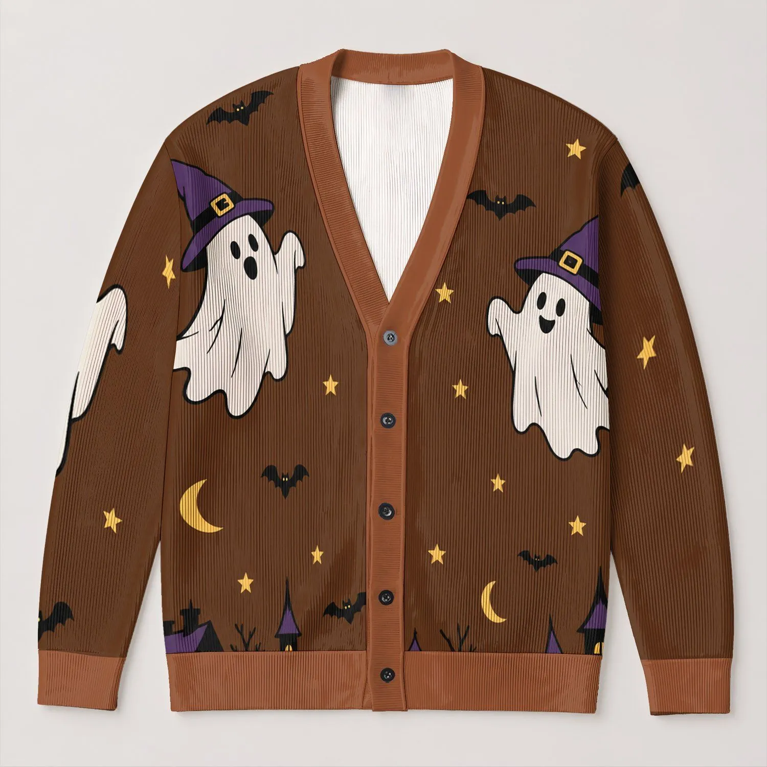 Halloween Ghosts, Bats And Pumpkin Village For Cozy Autumn Nights And Festive Fall Days All-over Print Knitted Cardigan - 1
