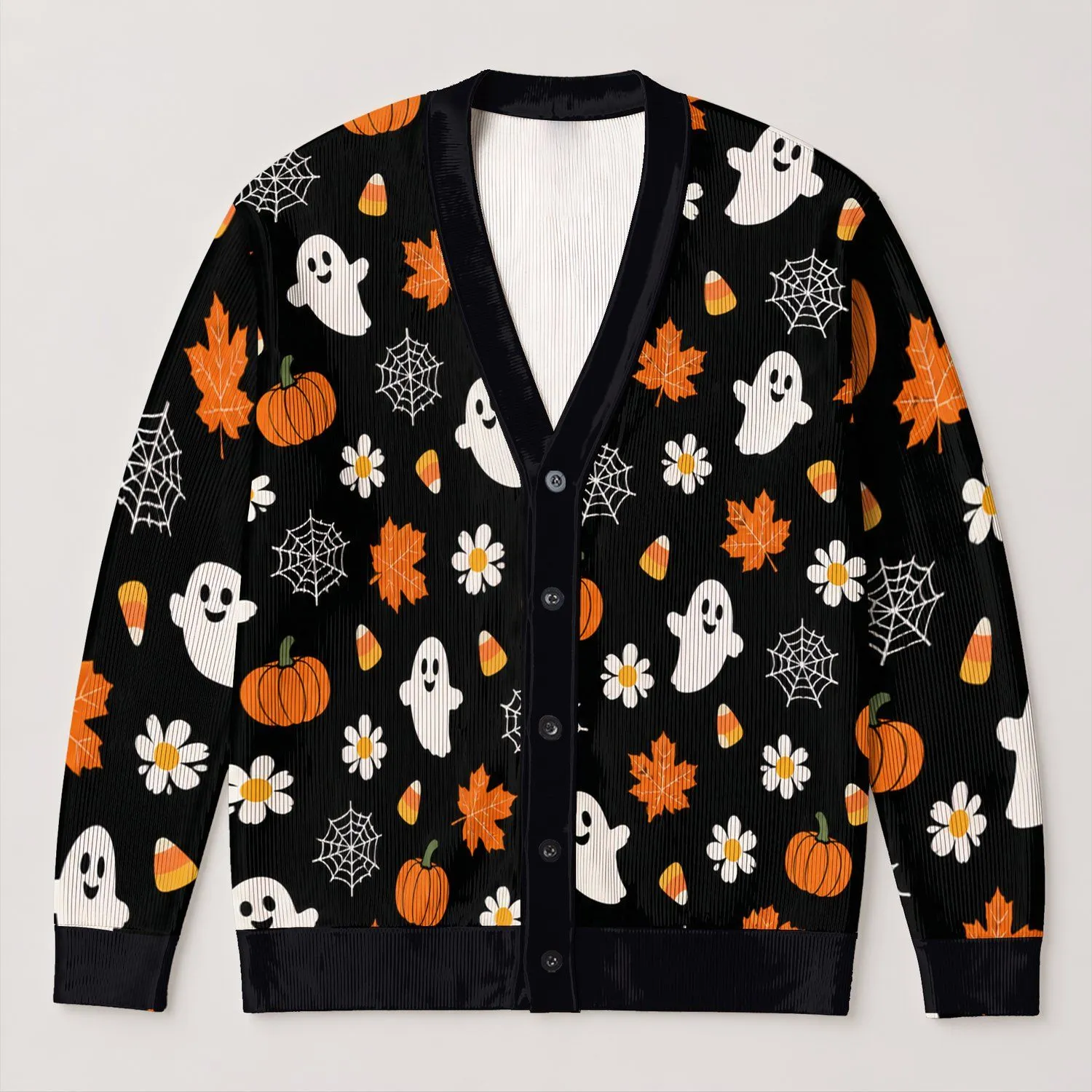 Playful Halloween Ghosts, Pumpkins And Autumn Leaves For Cozy October Seasonal Style All-over Print Knitted Cardigan - 1