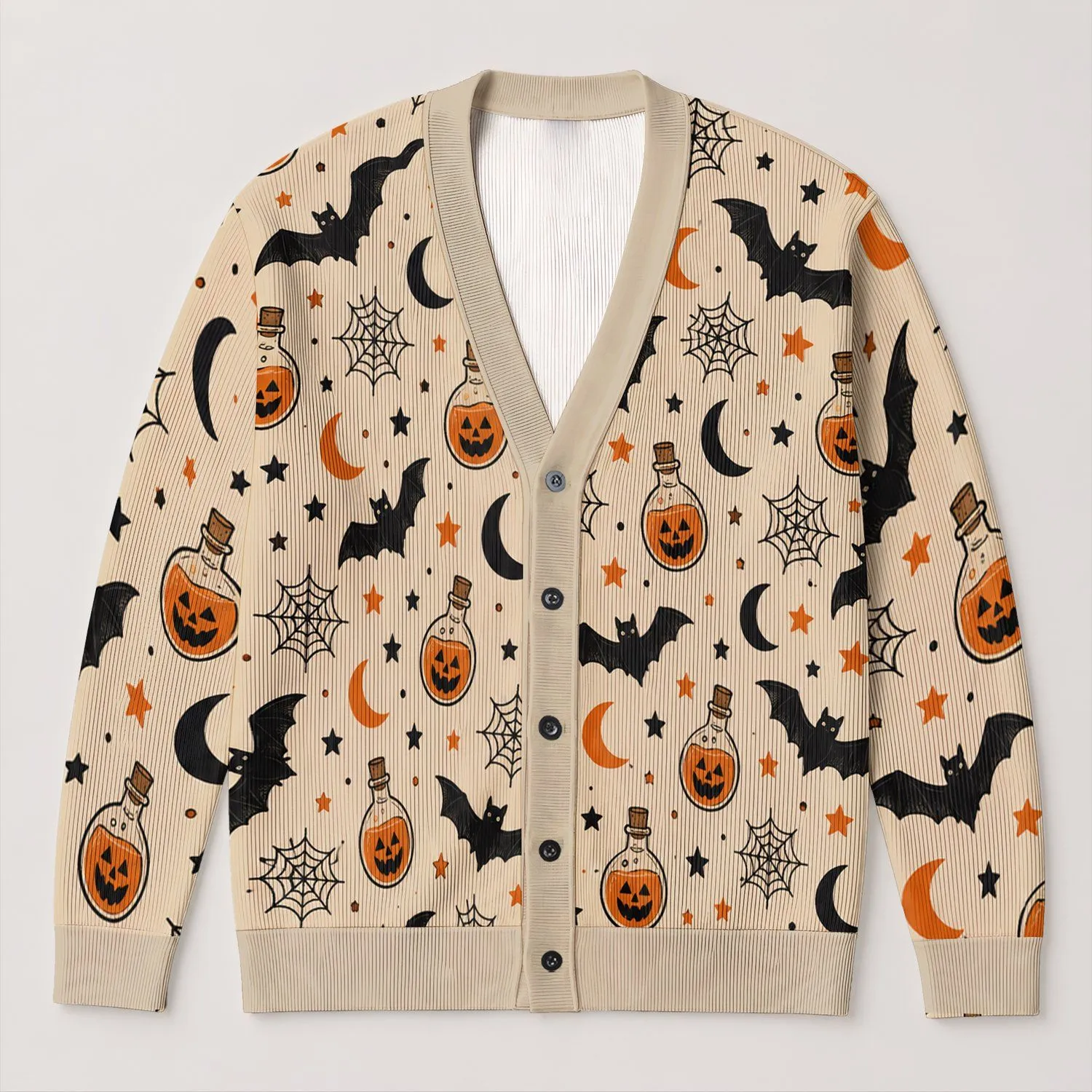Halloween Bats, Moons And Potion Bottles For Cozy Autumn Nights And Everyday Style All-over Print Knitted Cardigan - 1
