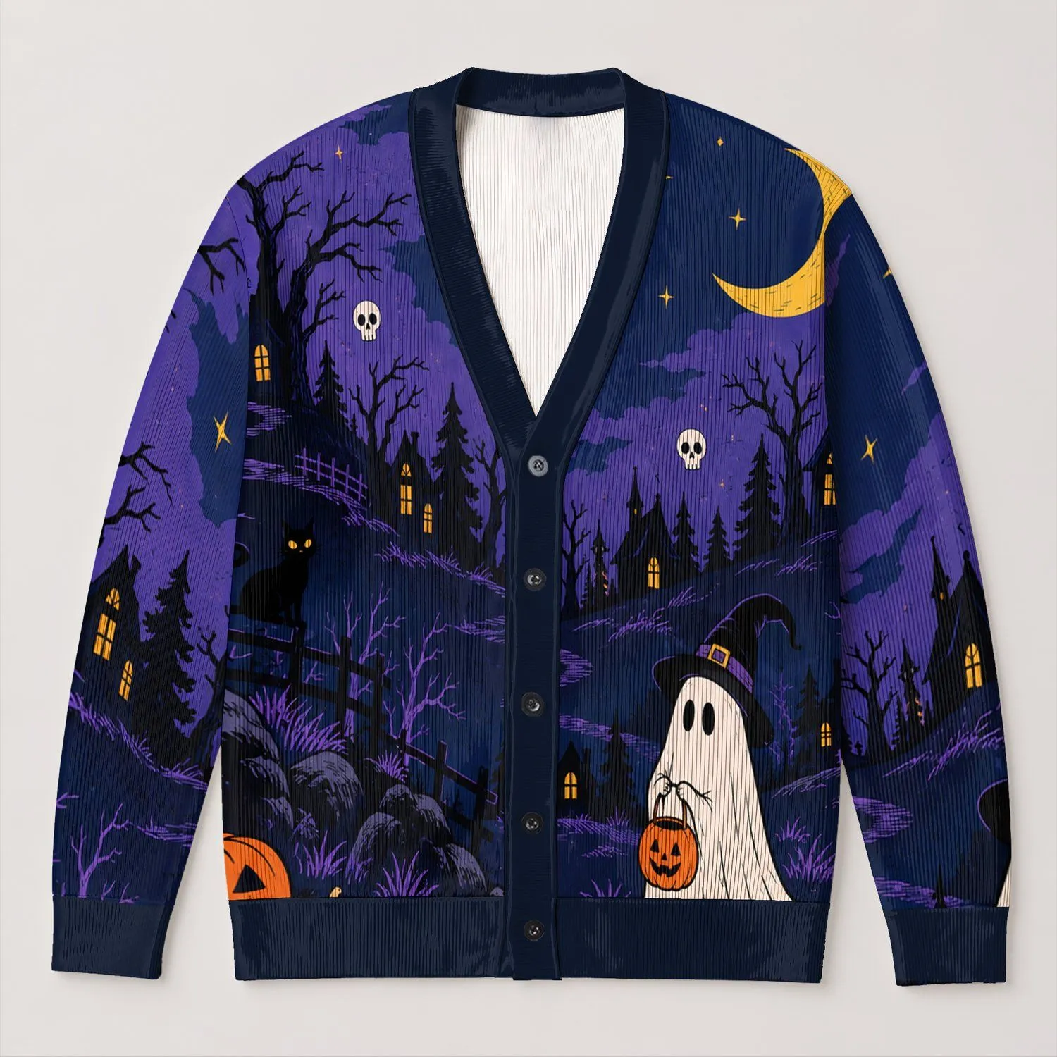 Halloween Ghosts, Haunted Houses and Pumpkins for Spooky Autumn Nights for Women All-over Print Knitted Cardigan - 1