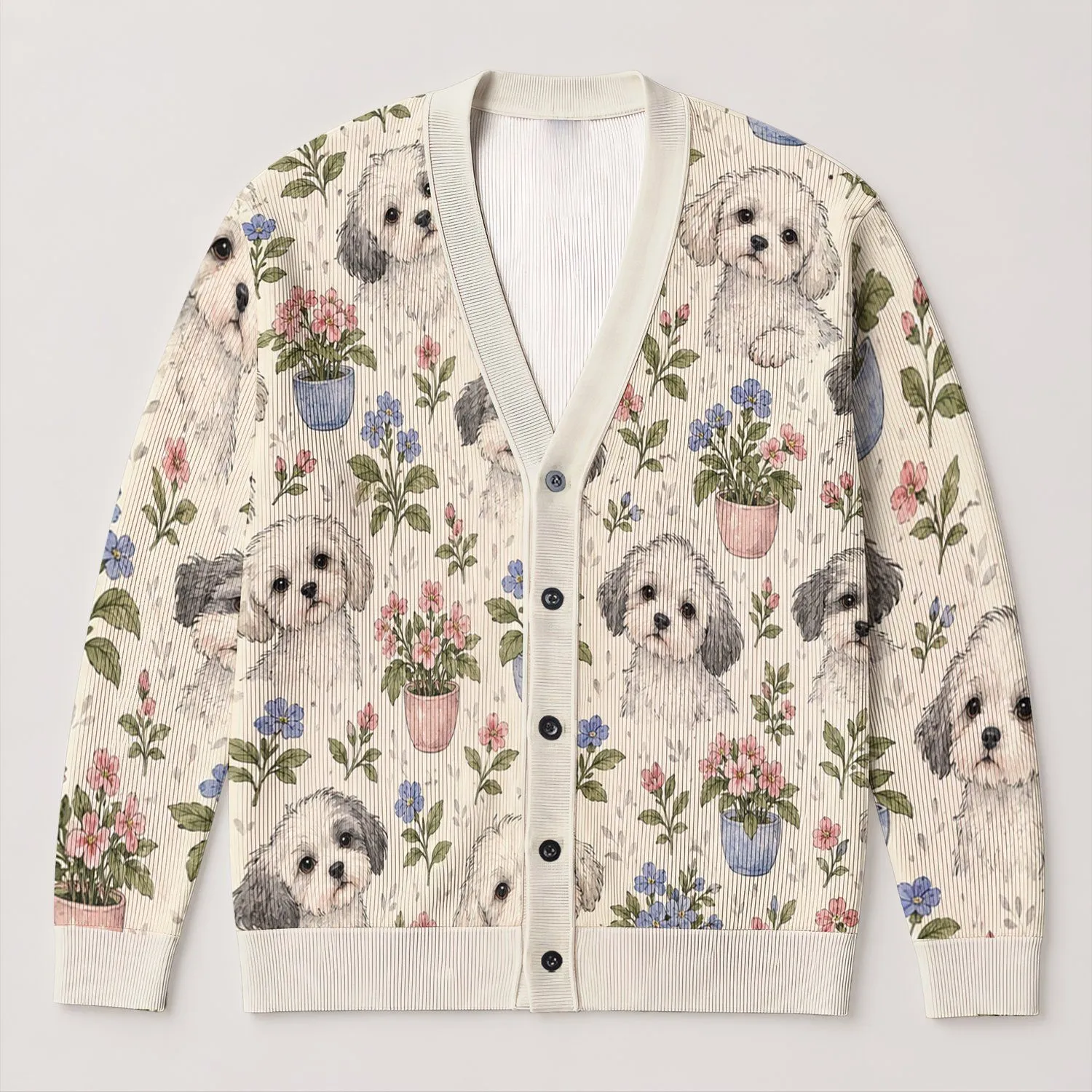 Watercolor Puppy And Potted Flower Motifs For Relaxed Everyday Outings For Women All-over Print Knitted Cardigan - 1