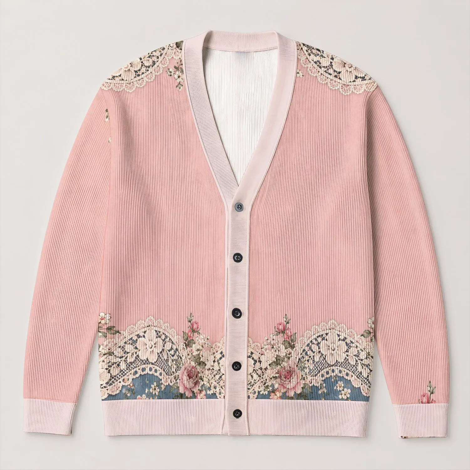 Blue Rose Lace and Blush Color Blocking for Romantic Everyday Layering and Vintage Style All-over Print Knitted Cardigan - 1
