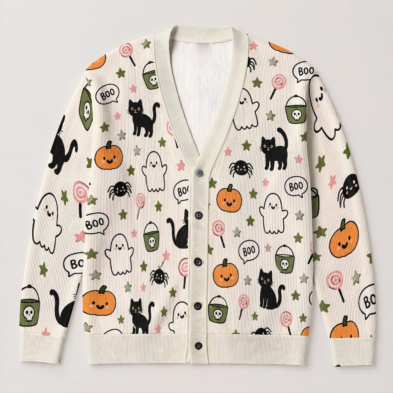 Cute Halloween Cats, Ghosts and Pumpkins for Cozy Autumn Layering All-over Print Knitted Cardigan - 1
