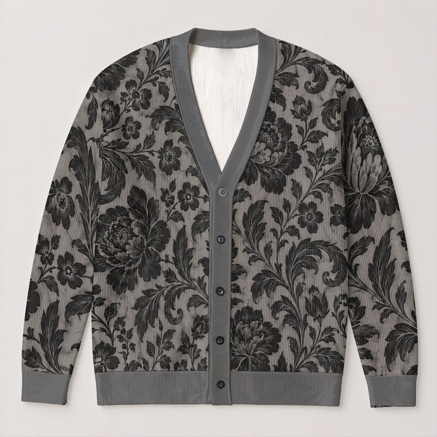 Gray Black Floral Jacquard Motifs for Cozy Autumn Layering and Vintage Everyday Style All-over Print Knitted Cardigan - 1