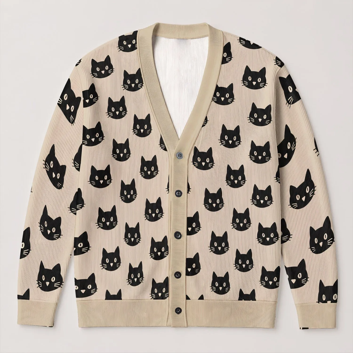 Black Cat Faces on Warm Beige for Cozy Autumn Days and Everyday Feline-Lover Style All-over Print Knitted Cardigan - 1
