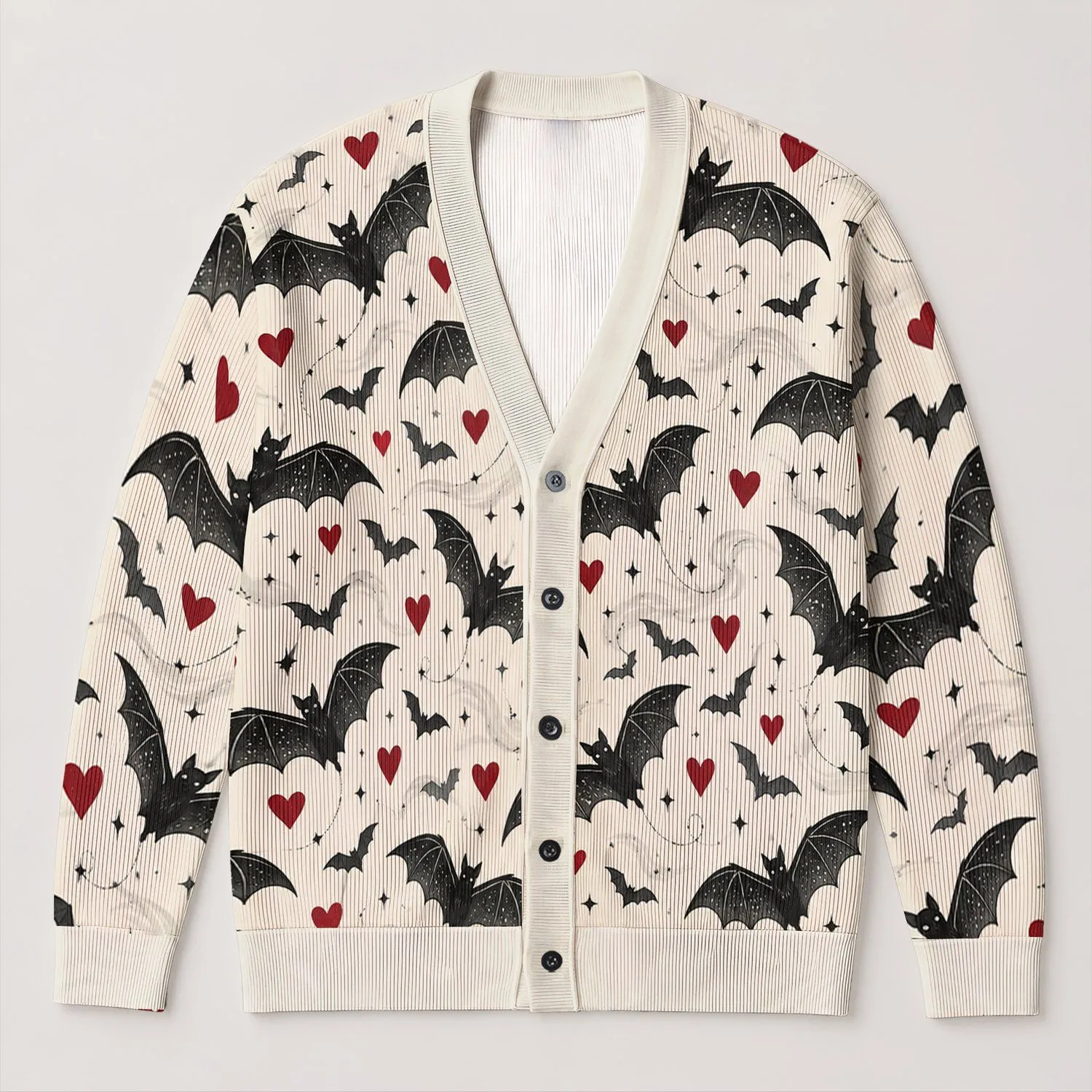 Black Bats And Crimson Hearts For Playful Halloween Nights And Everyday Layering All-over Print Knitted Cardigan - 1