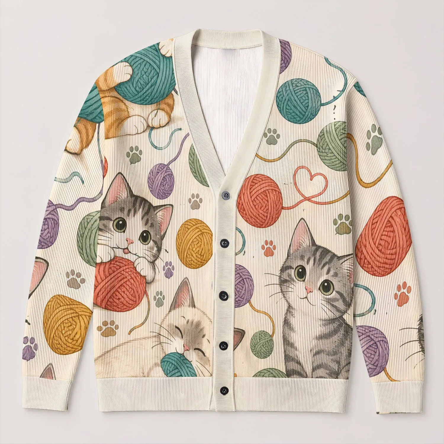 Playful Cats and Colorful Yarn for Cozy Autumn Crafting and Everyday Cat Lovers All-over Print Knitted Cardigan - 1