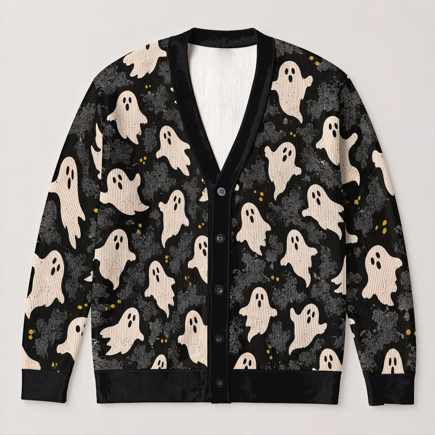 Friendly Ivory Ghosts on Charcoal for Halloween Parties and Cozy Fall Outings All-over Print Knitted Cardigan - 1