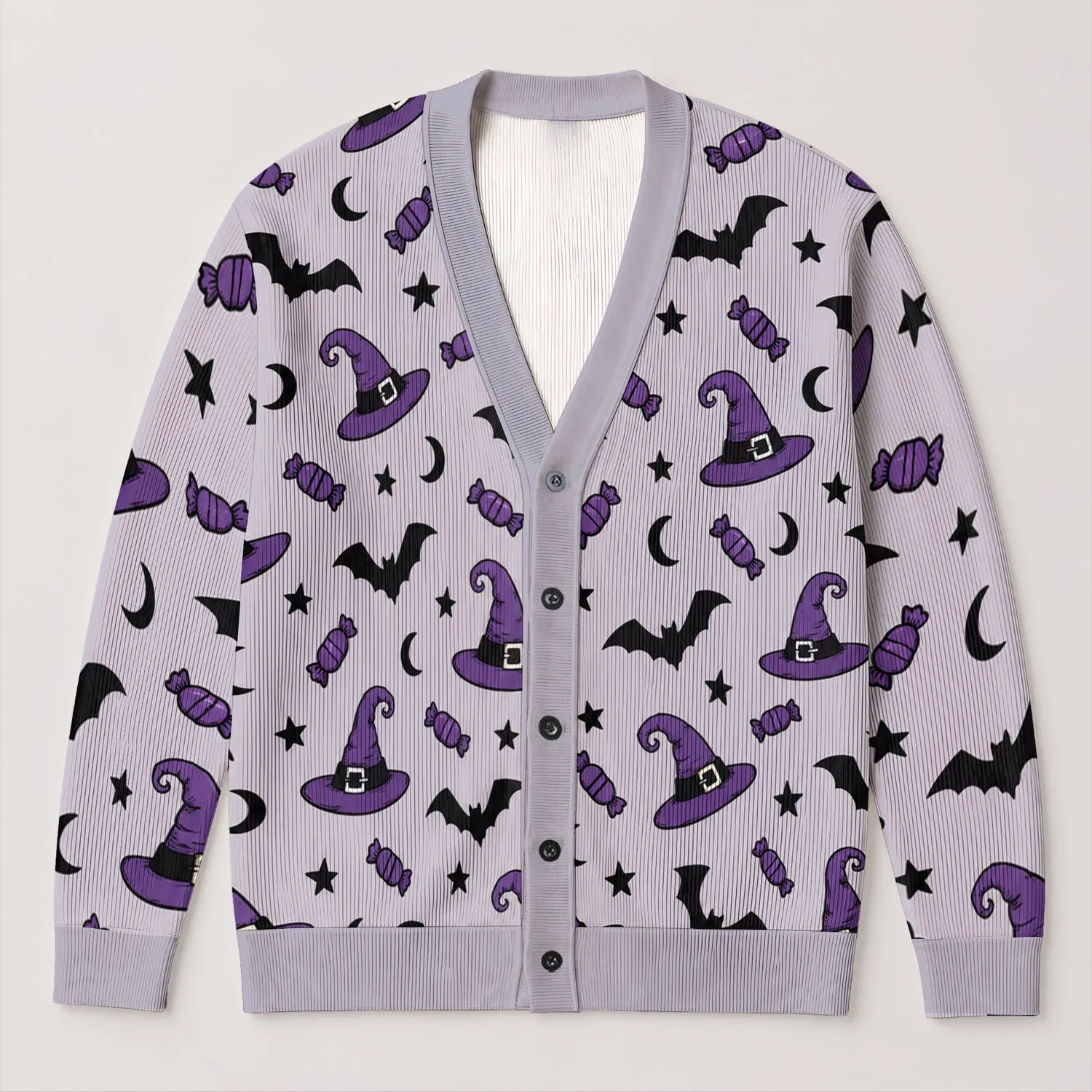Witch Hats Bats Stars and Candy for Halloween Parties and Autumn Nights All-over Print Knitted Cardigan - 1